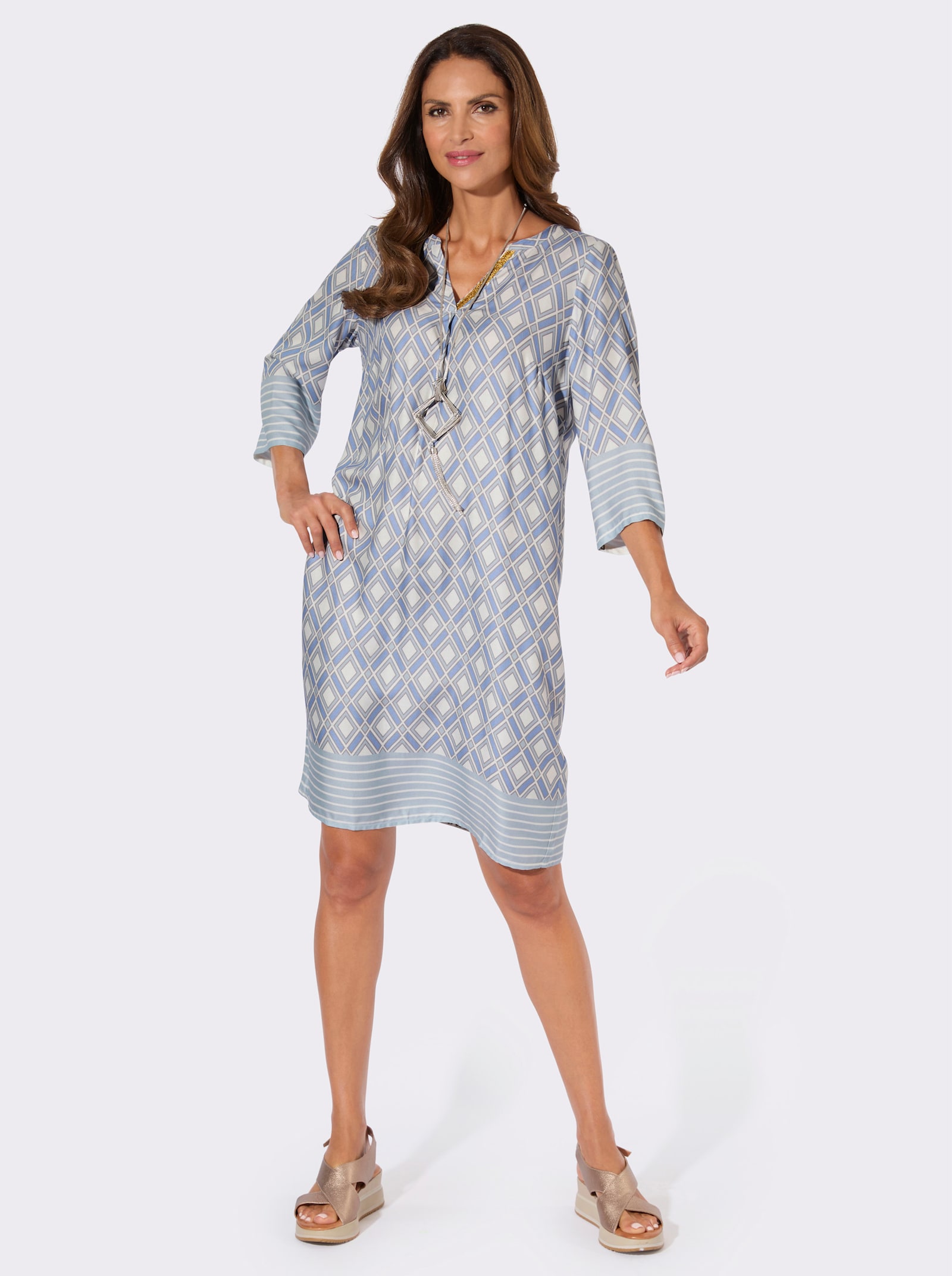 A-Linien-Kleid mit Falte vorne und hinten - himmelblau-ecru-bedruckt