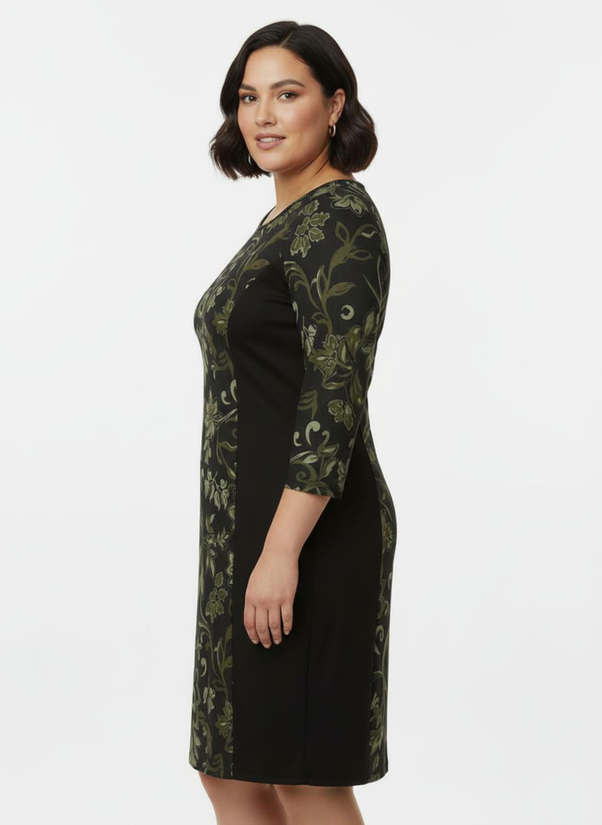 Jerseykleid im floralen Dessin - schwarz-oliv-bedruckt