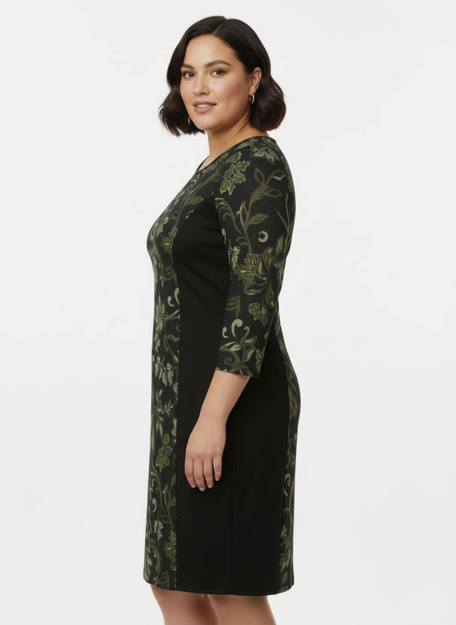 Jerseykleid im floralen Dessin - schwarz-oliv-bedruckt