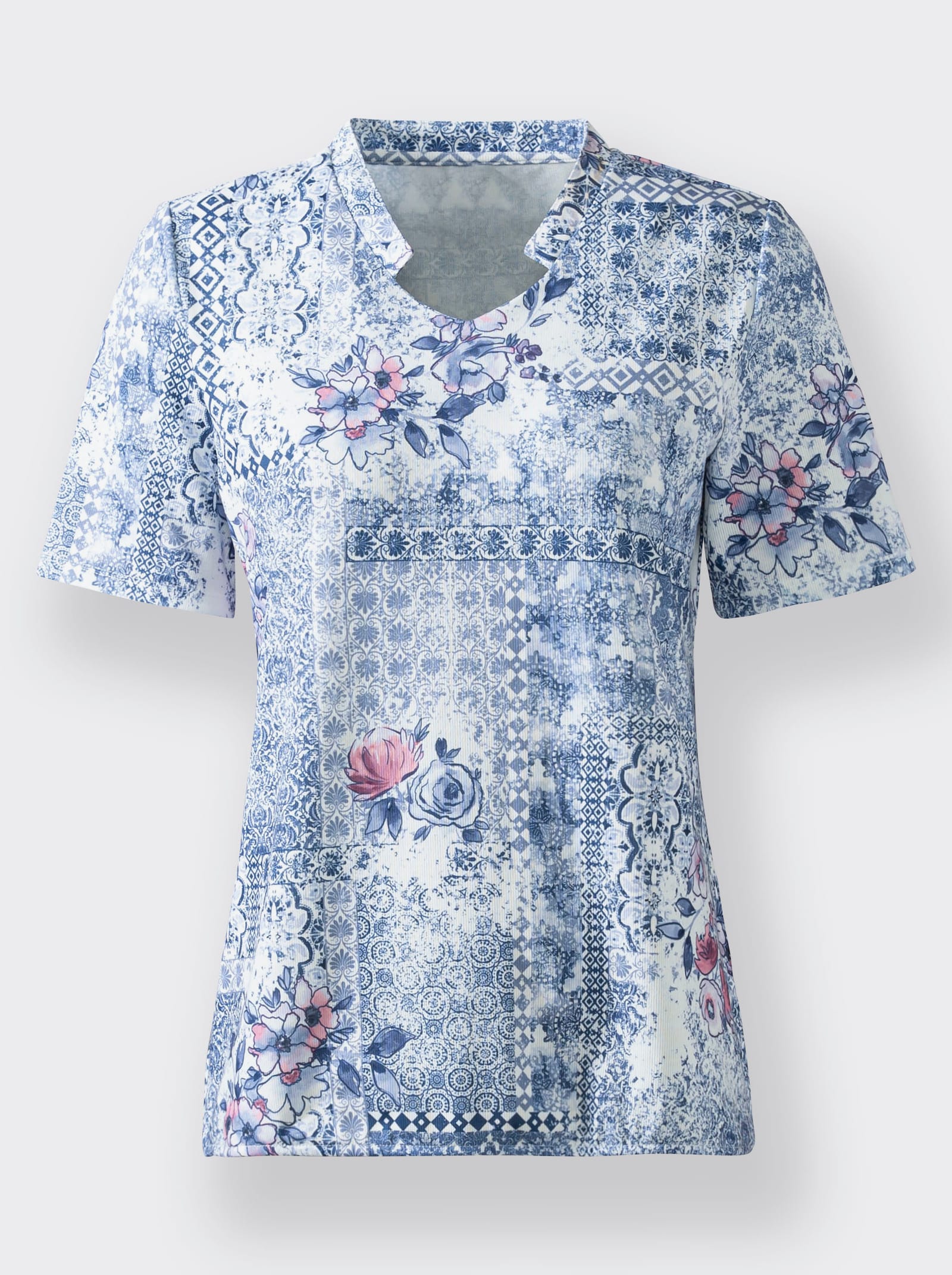 Print-Shirt in Strick-Optik - ecru-taubenblau-bedruckt