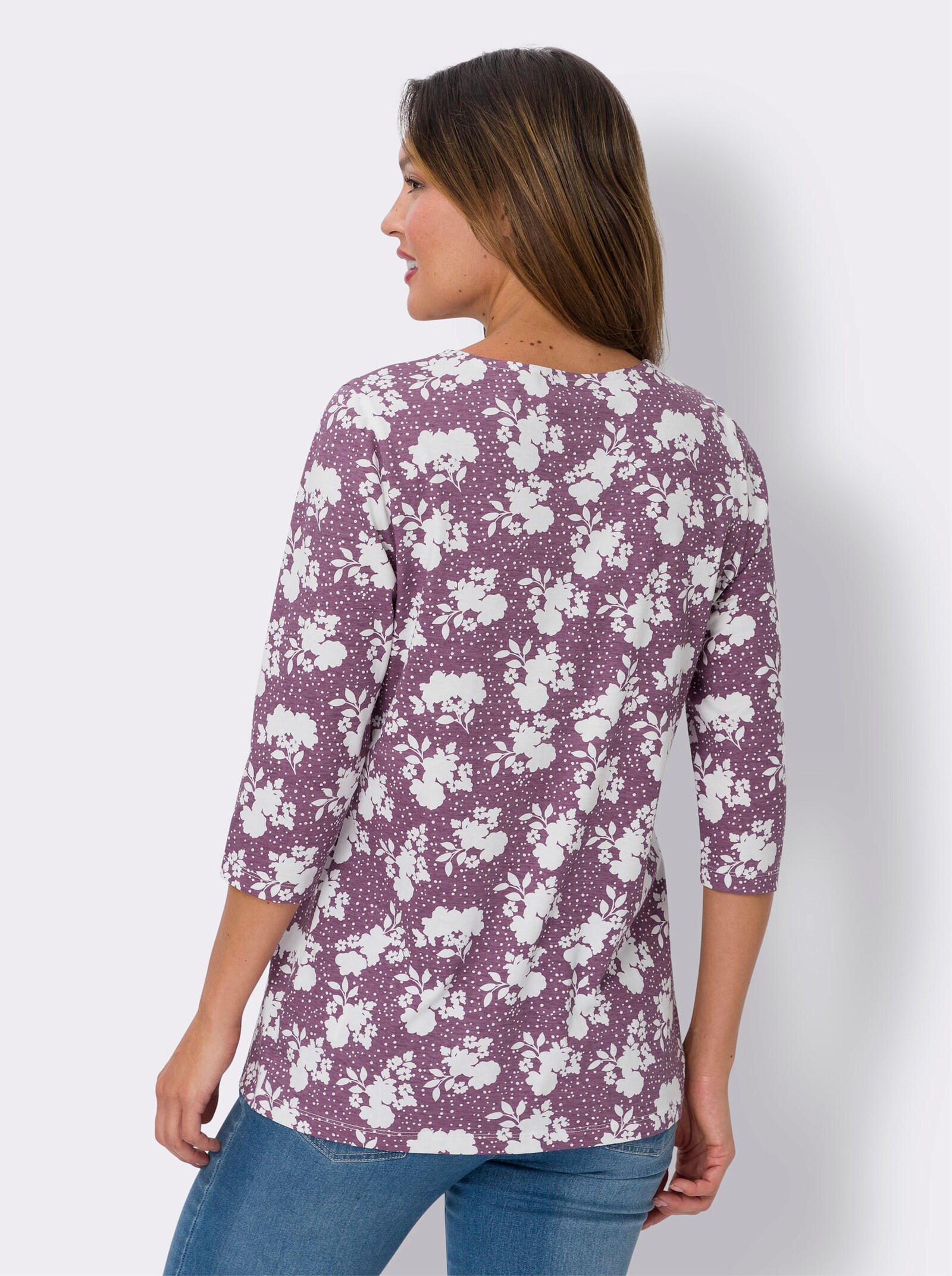 2-in-1-Shirt in längerer Form - violett-ecru-bedruckt