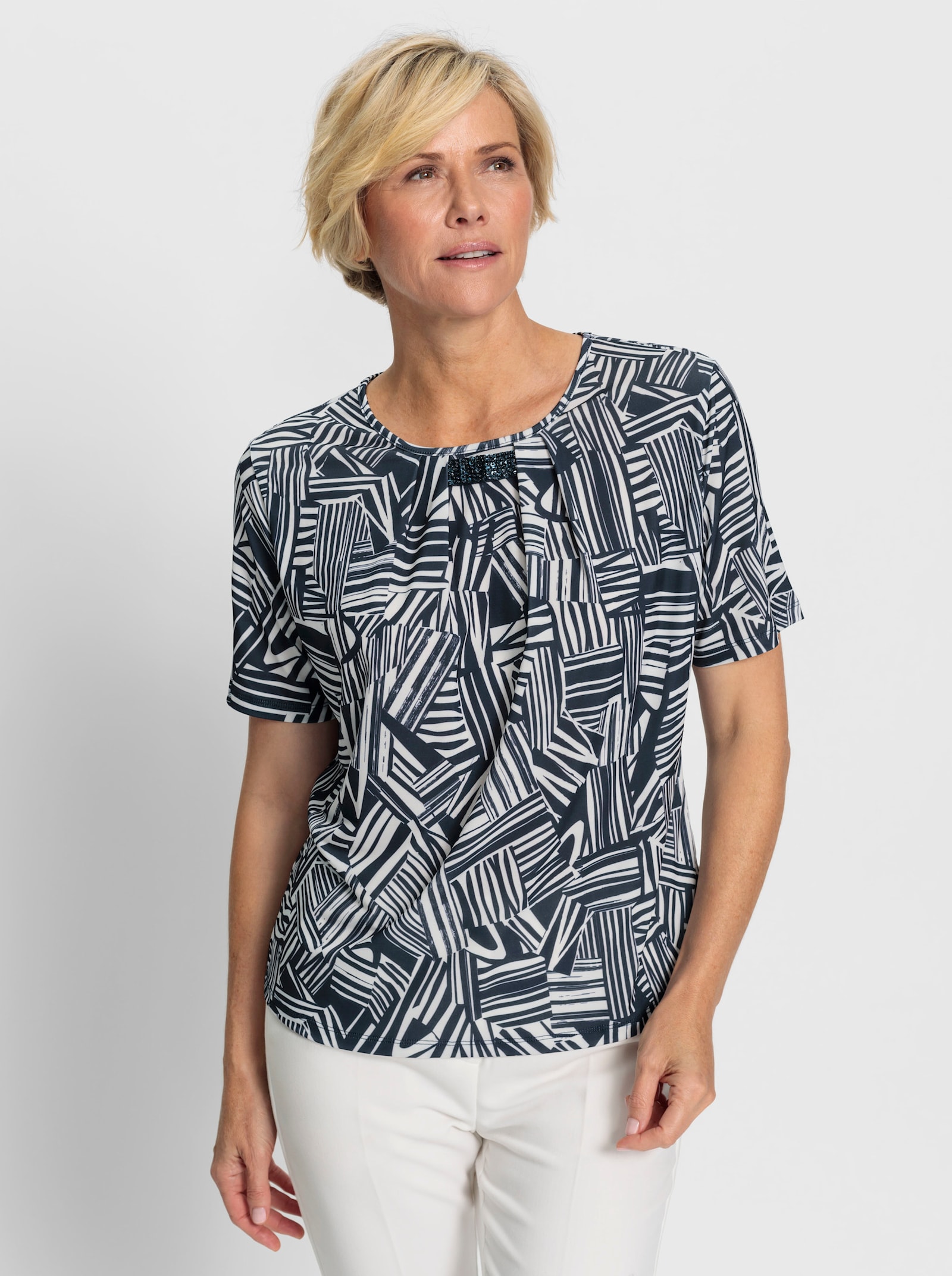 Rundhalsshirt mit Zierband - marine-ecru-bedruckt