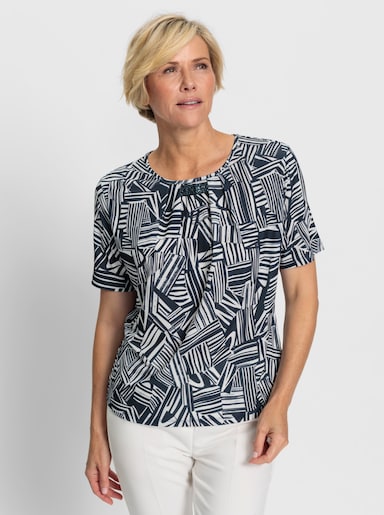 Rundhalsshirt mit Zierband - marine-ecru-bedruckt