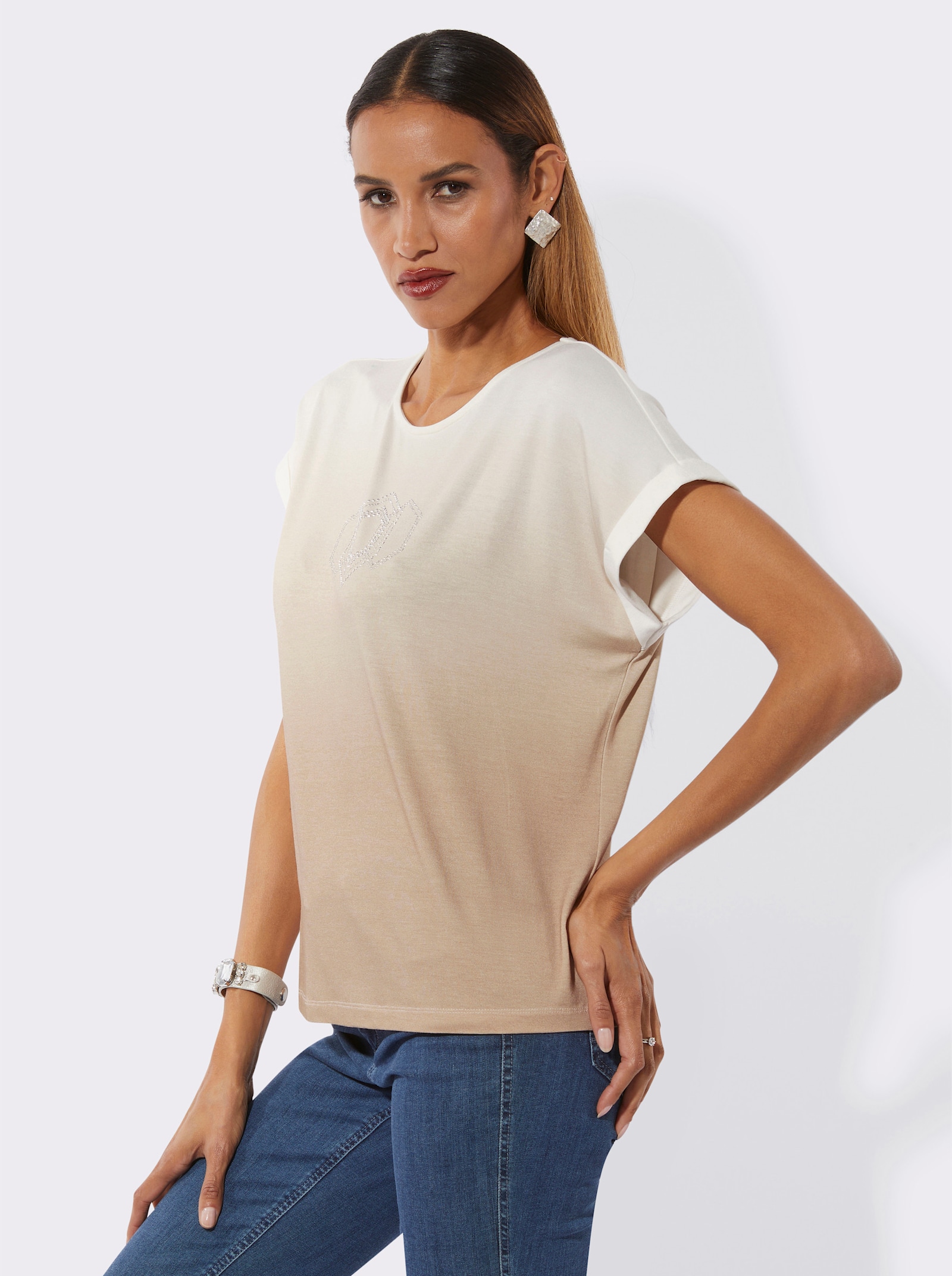 Shirt met ronde hals en op dessin geplaatst print - ecru/zand bedrukt