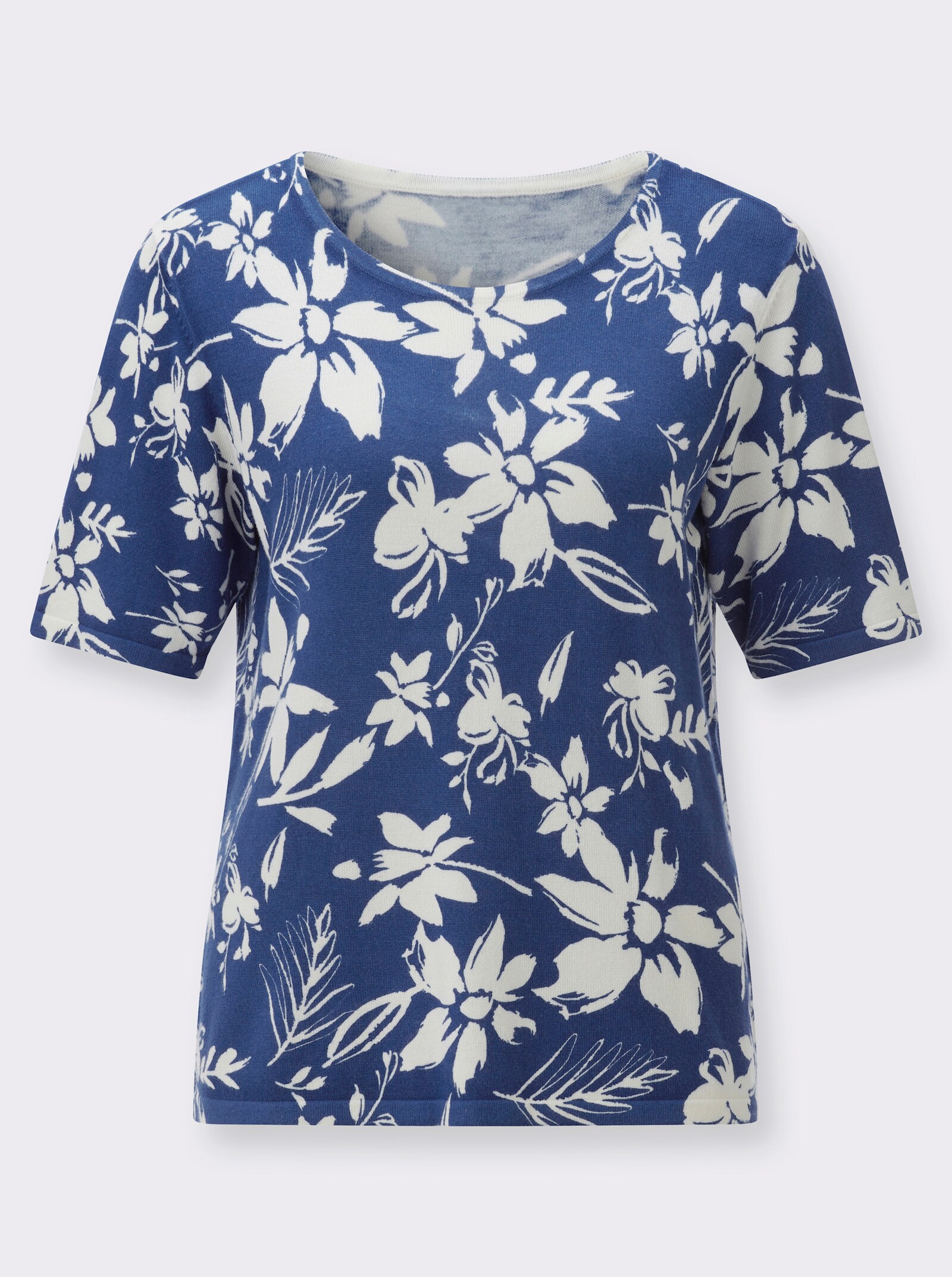 Kurzarmpullover mit floralem Druck - champagner-royalblau-bedruckt