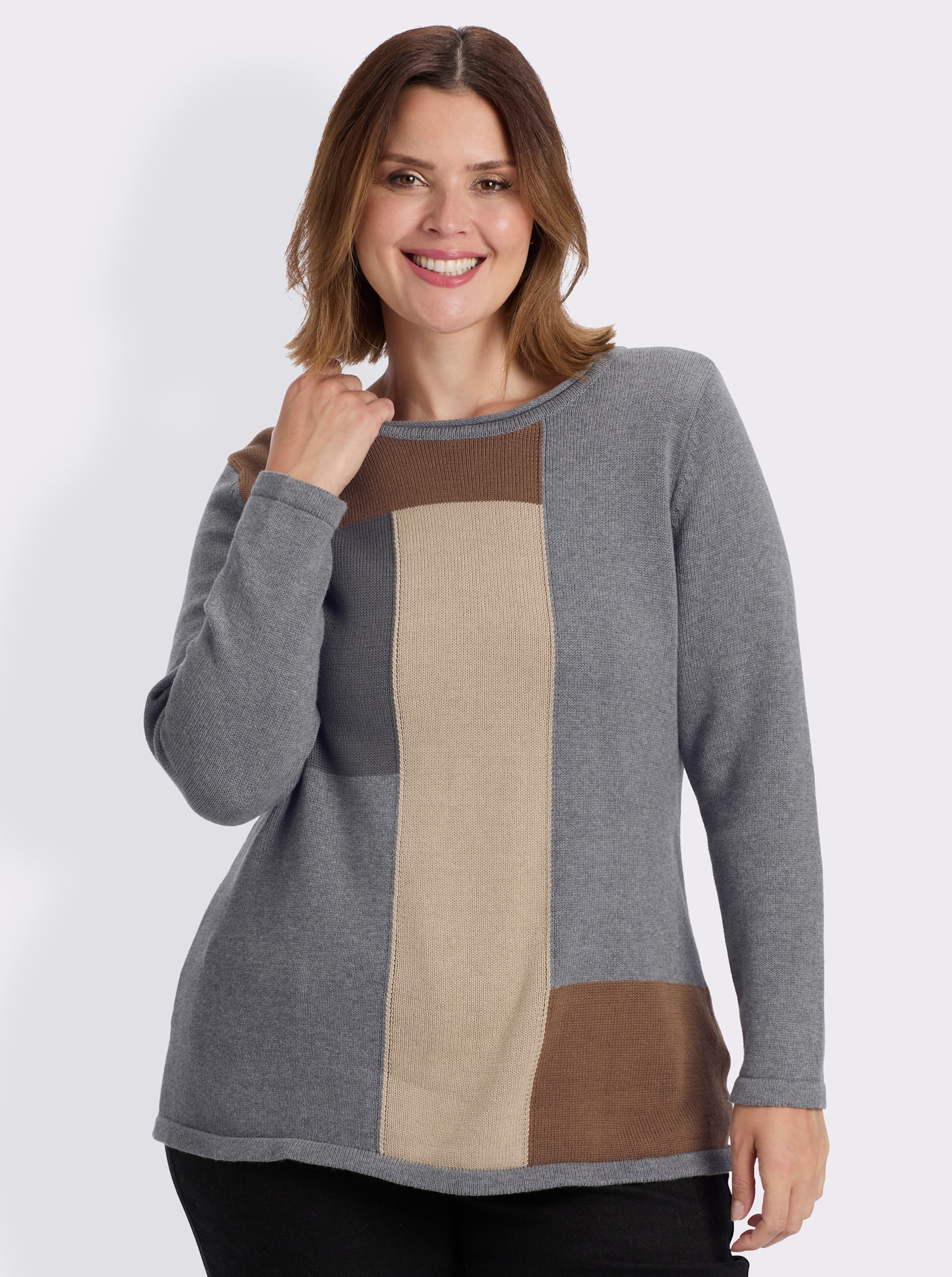 Langarm-Pullover mit grafischem Strickmuster - steingrau-gemustert
