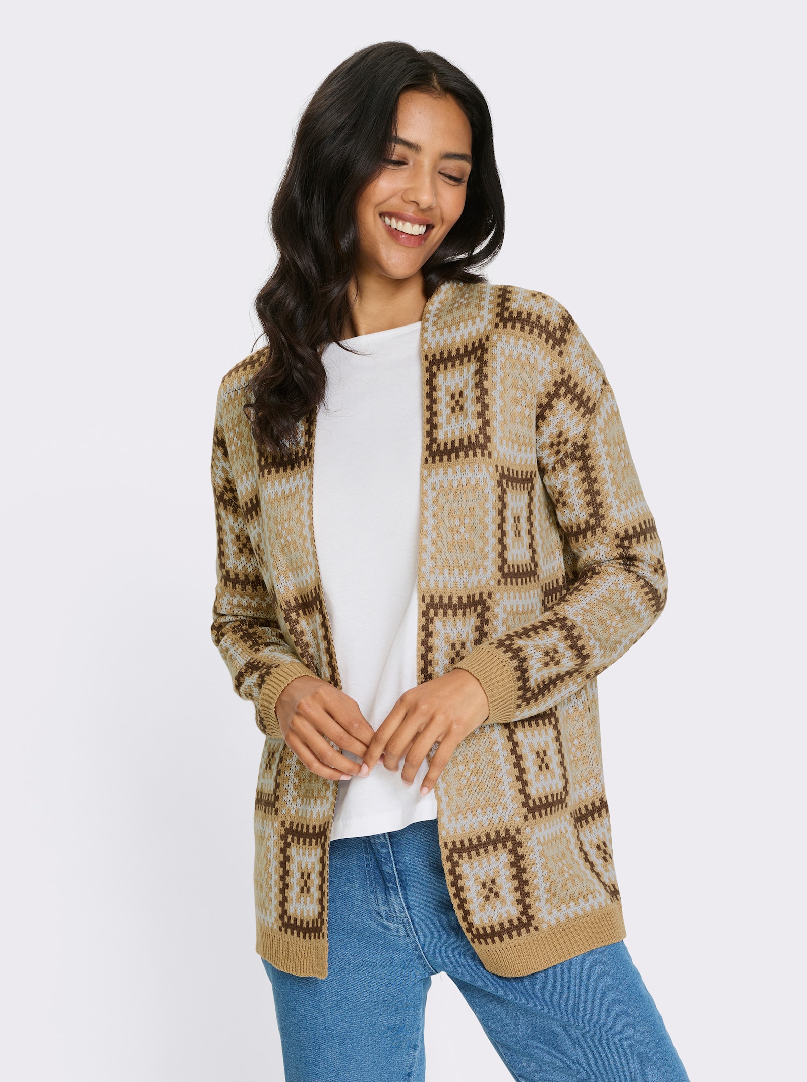 Vest met kleurrijk jacquardpatroon. - camel/choco gedessineerd