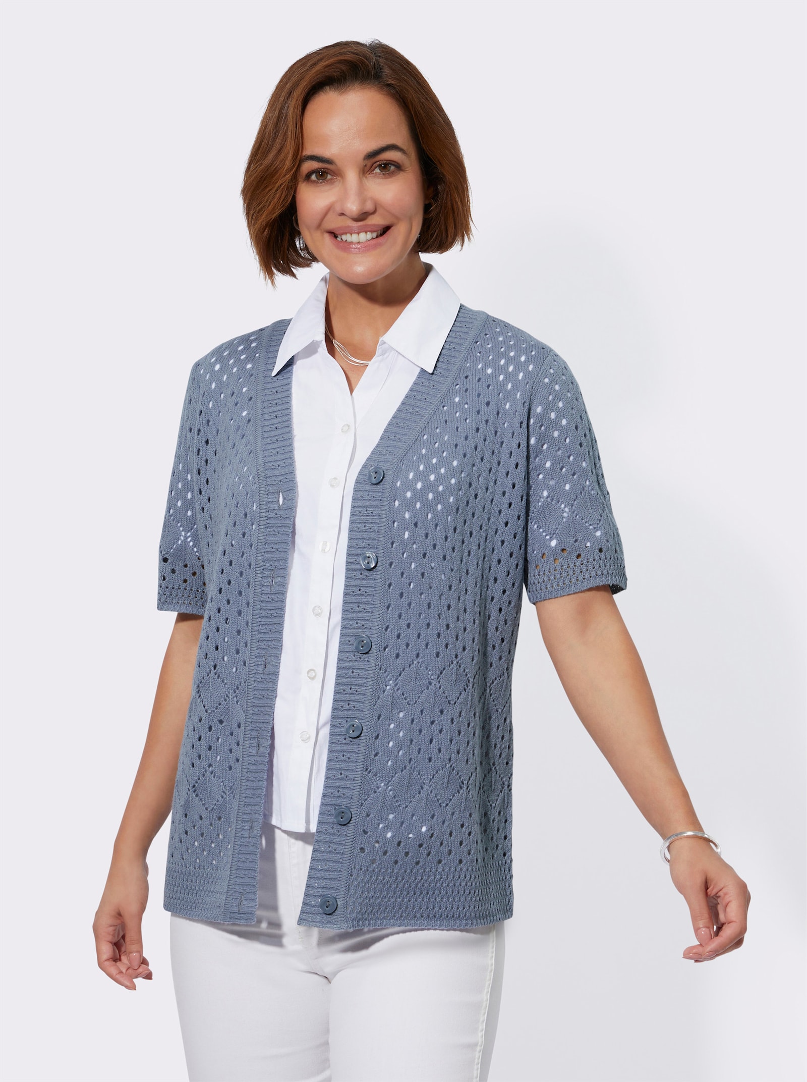 Ajourstrickjacke in pflegeleichter Qualität - taubenblau