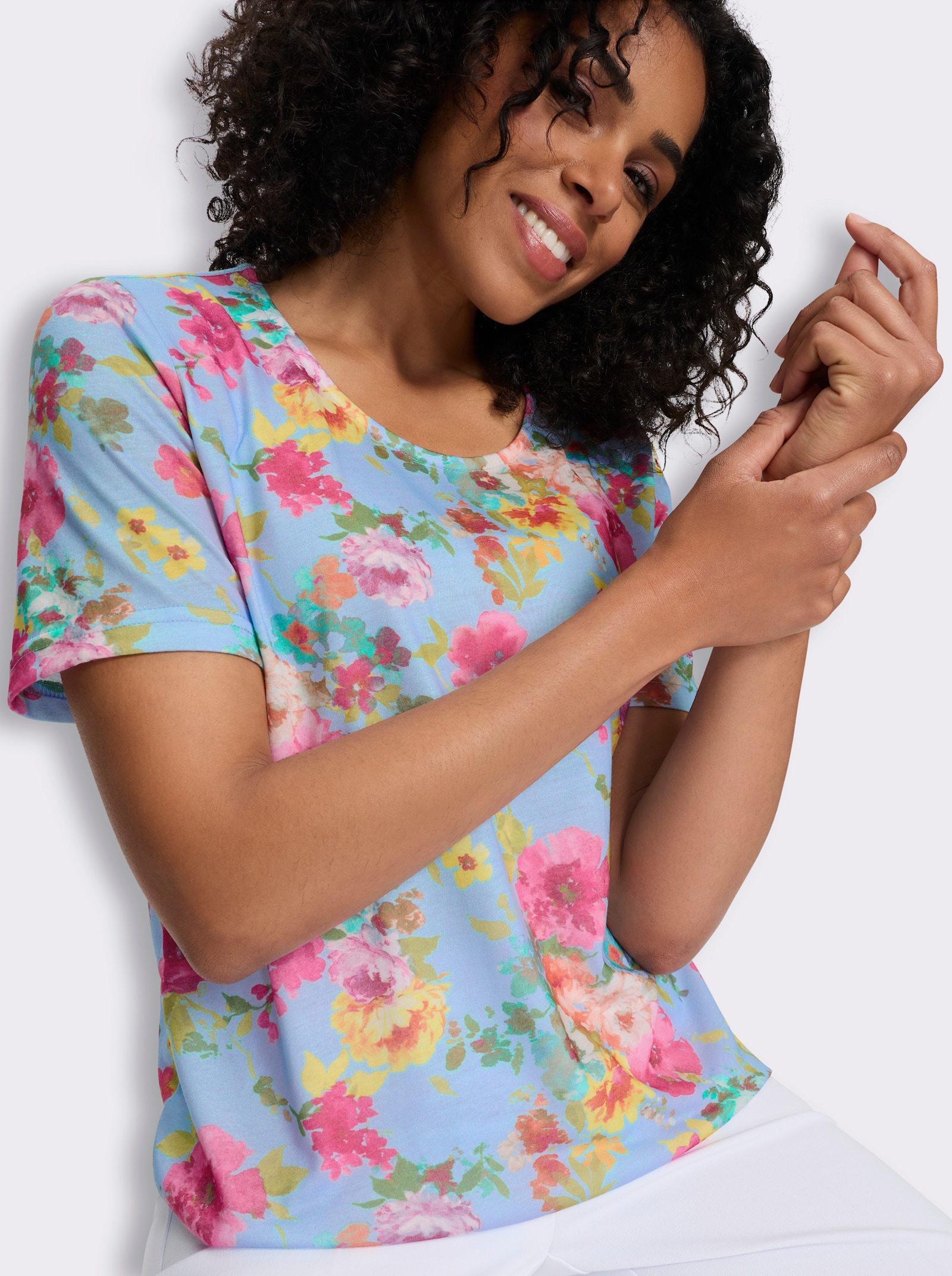 Shirt met ronde hals en bloemetjesprint rondom - aquamarine/fuchsia bedrukt