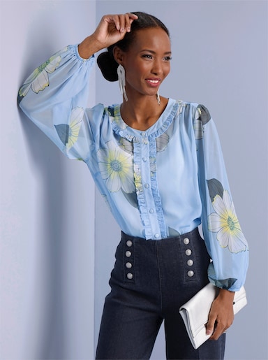 Druckbluse mit romantischen Rüschen - eisblau-ecru-bedruckt