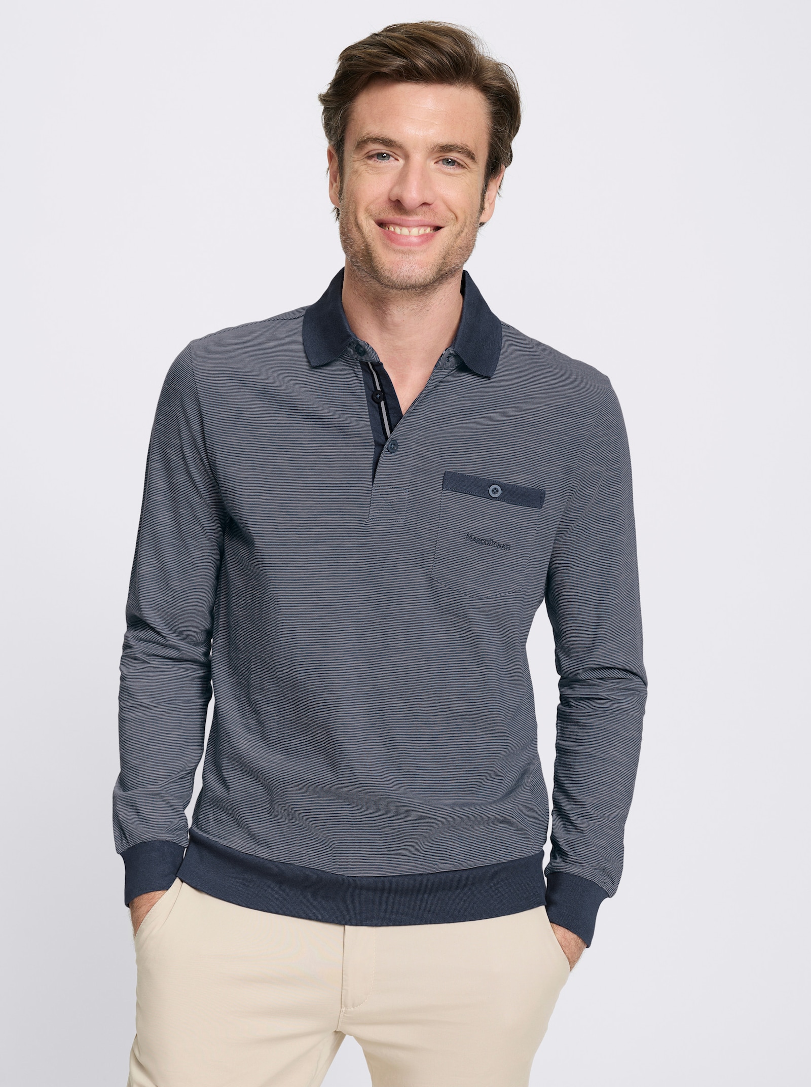 Marco Donati Langarm-Poloshirt im Streifendessin allover - rauchblau-gestreift