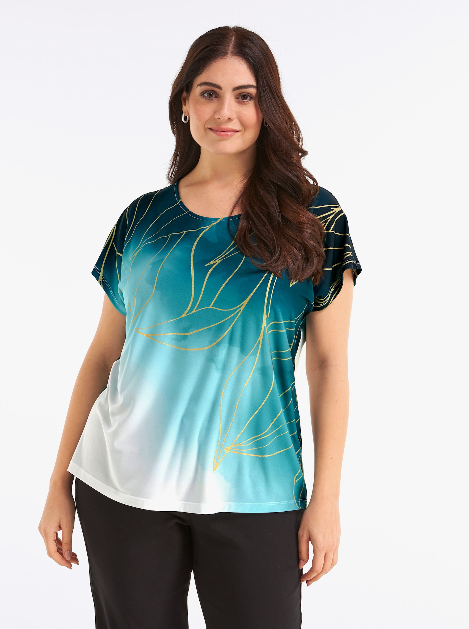 Print-Shirt mit Foliendruck - petrol-goldfarben-bedruckt