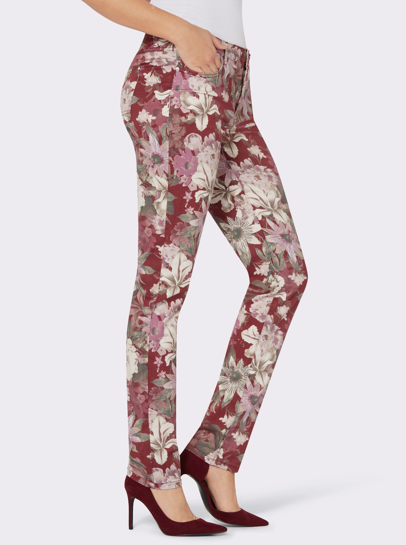 5-Pocket-Jeans mit Blütenprint - dunkelrot-bedruckt