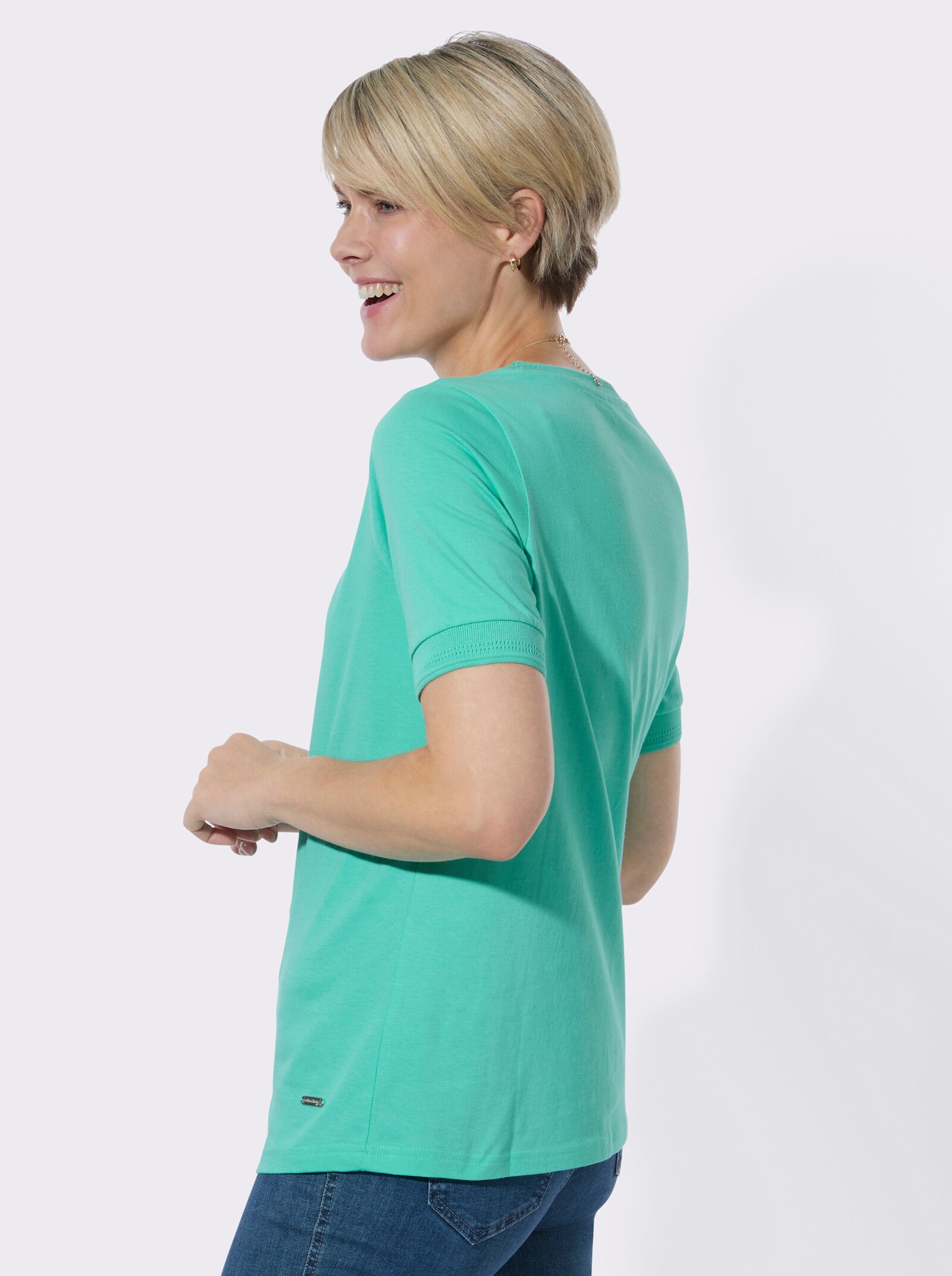 Rundhalsshirt mit Ajourmuster an Kragen und Ärmeln - blaugrün