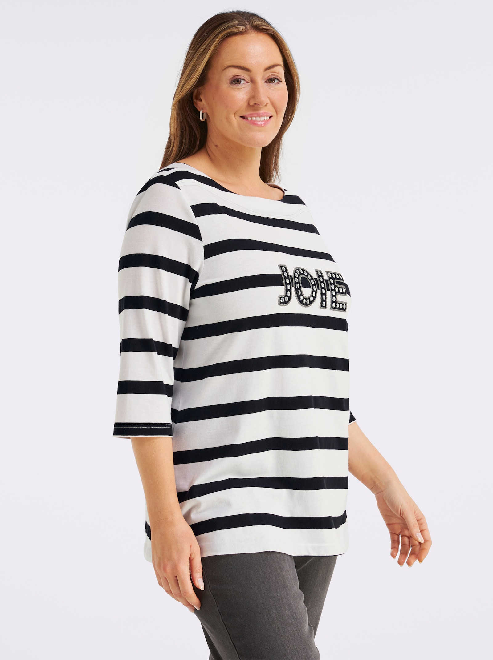 sheego 3/4-Arm-Shirt mit Ringeln und Front-Patches - weiß-schwarz-geringelt