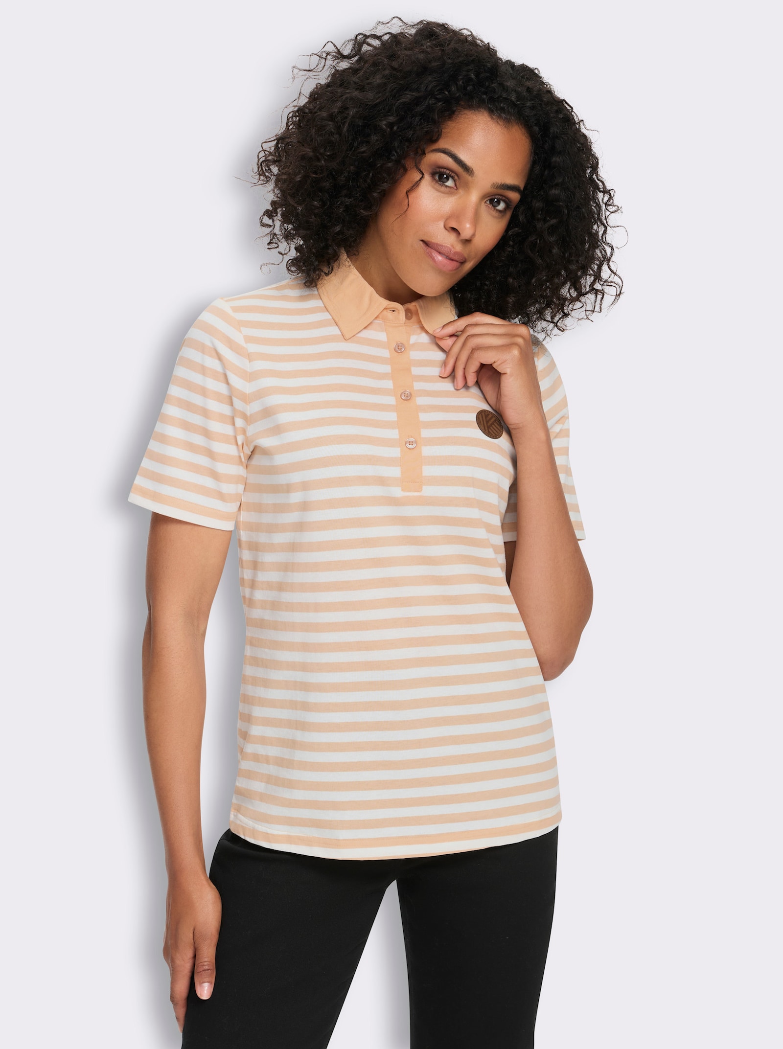 Poloshirt met patch van imitatieleer - apricot/wit gestreept