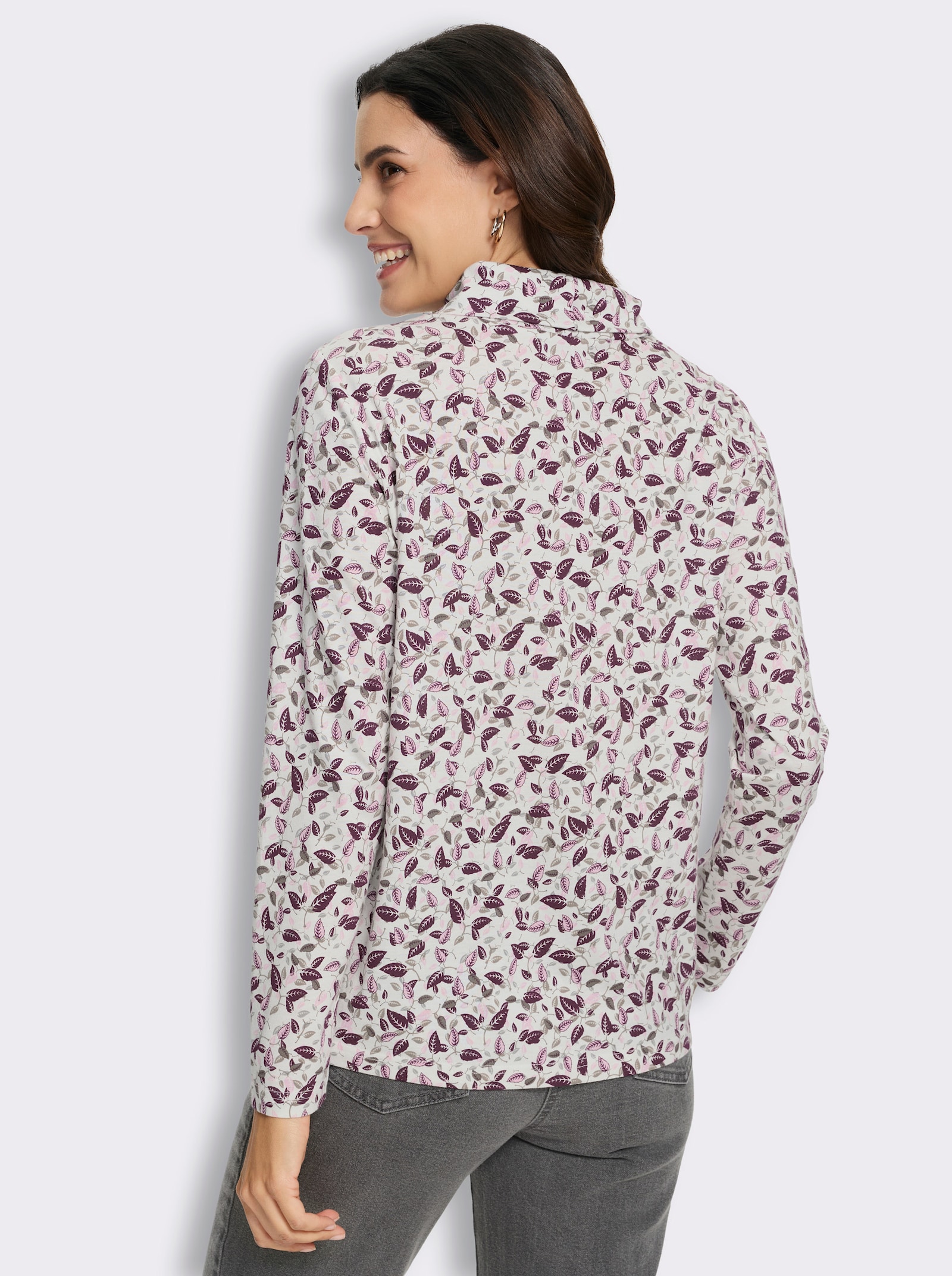 Rollkragenshirt mit Blätter-Dessin - ecru-burgund
