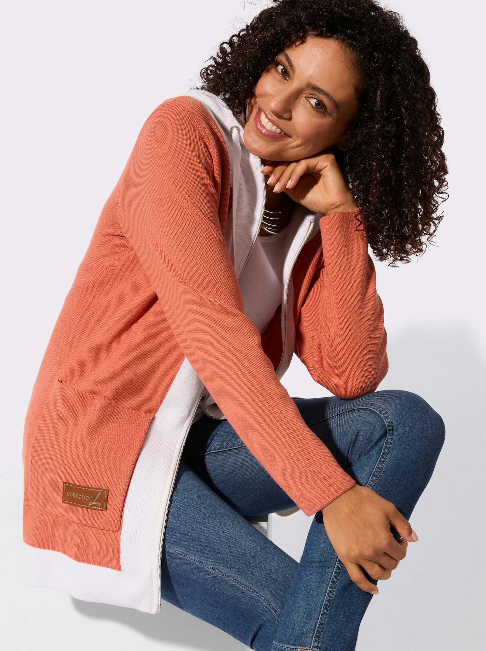 Longstrickjacke mit 2-Wege-Reißverschluss - papaya-ecru