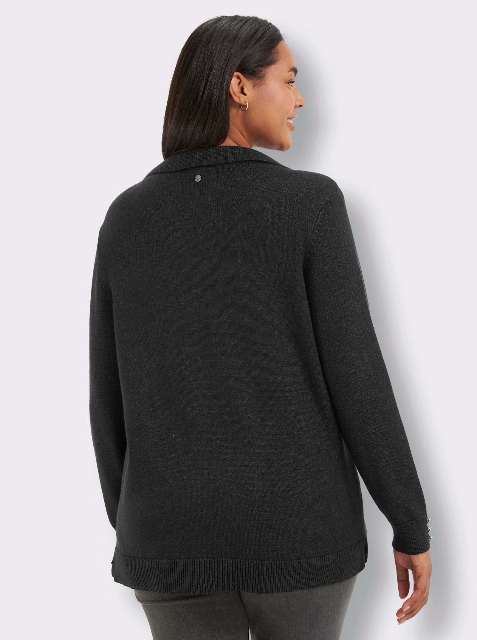 sheego Polopullover mit Seitenschlitzen - schwarz-anthrazit-meliert