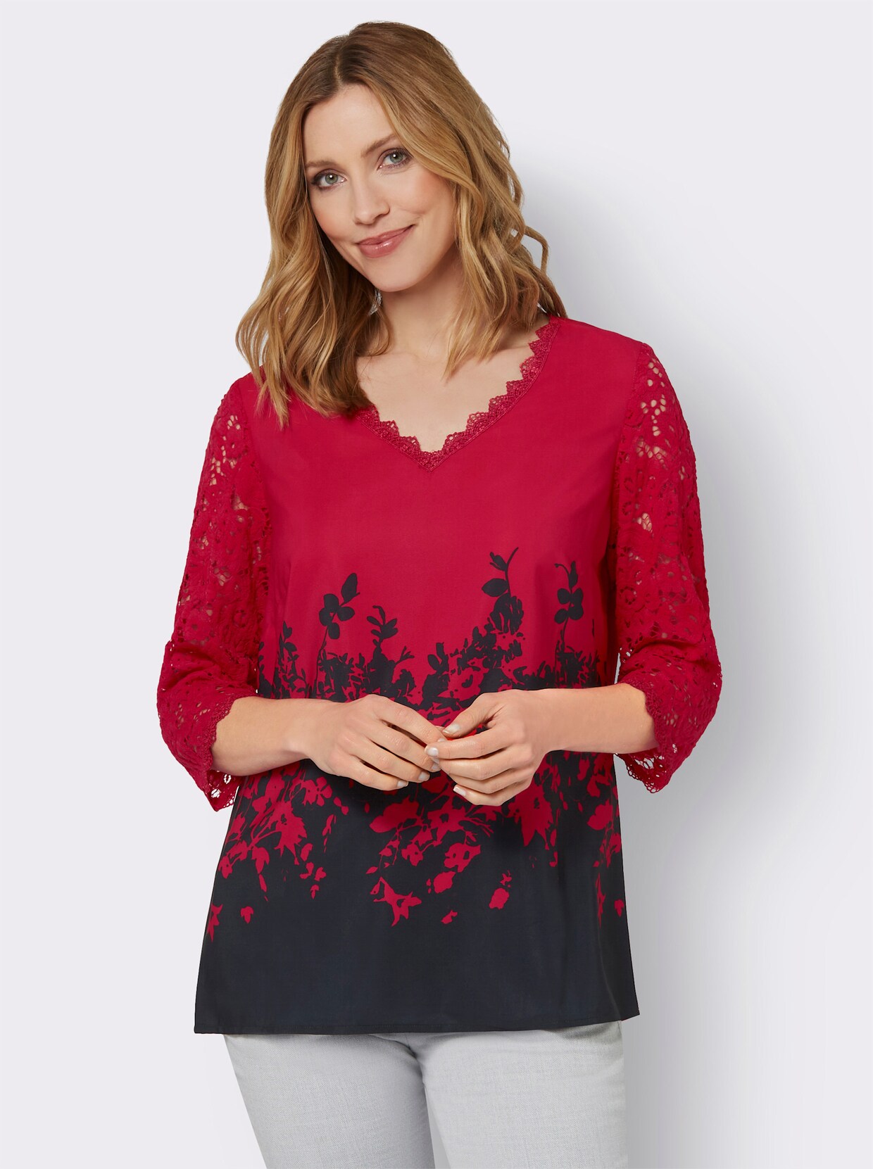 Kanten blouse - rood/zwart geprint