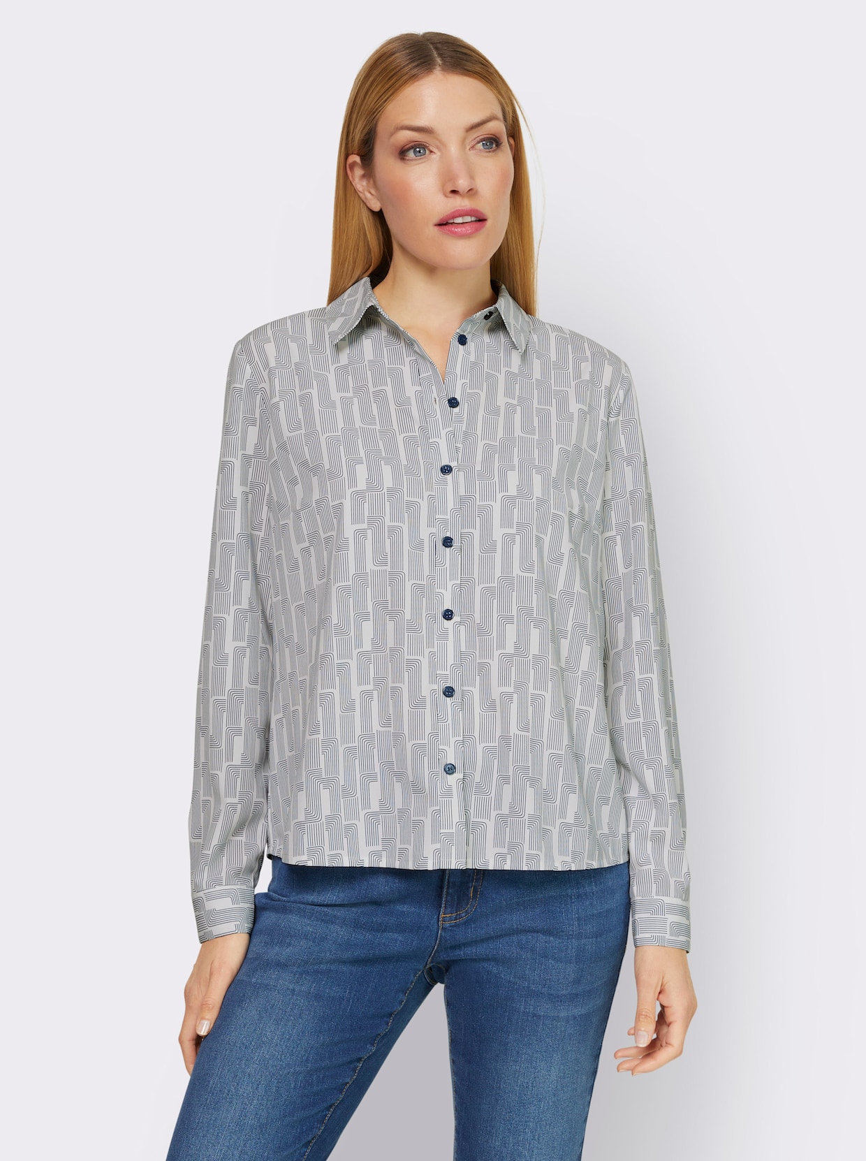 heine Overhemdblouse - donkerblauw/ecru bedrukt