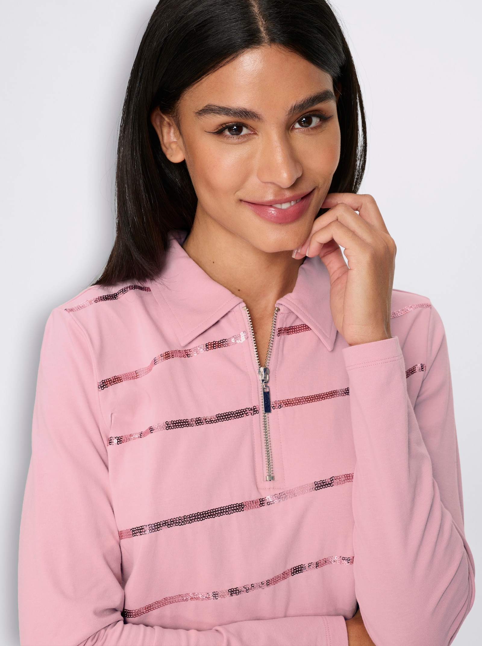 heine Langarm-Poloshirt mit Pailletten - rosé