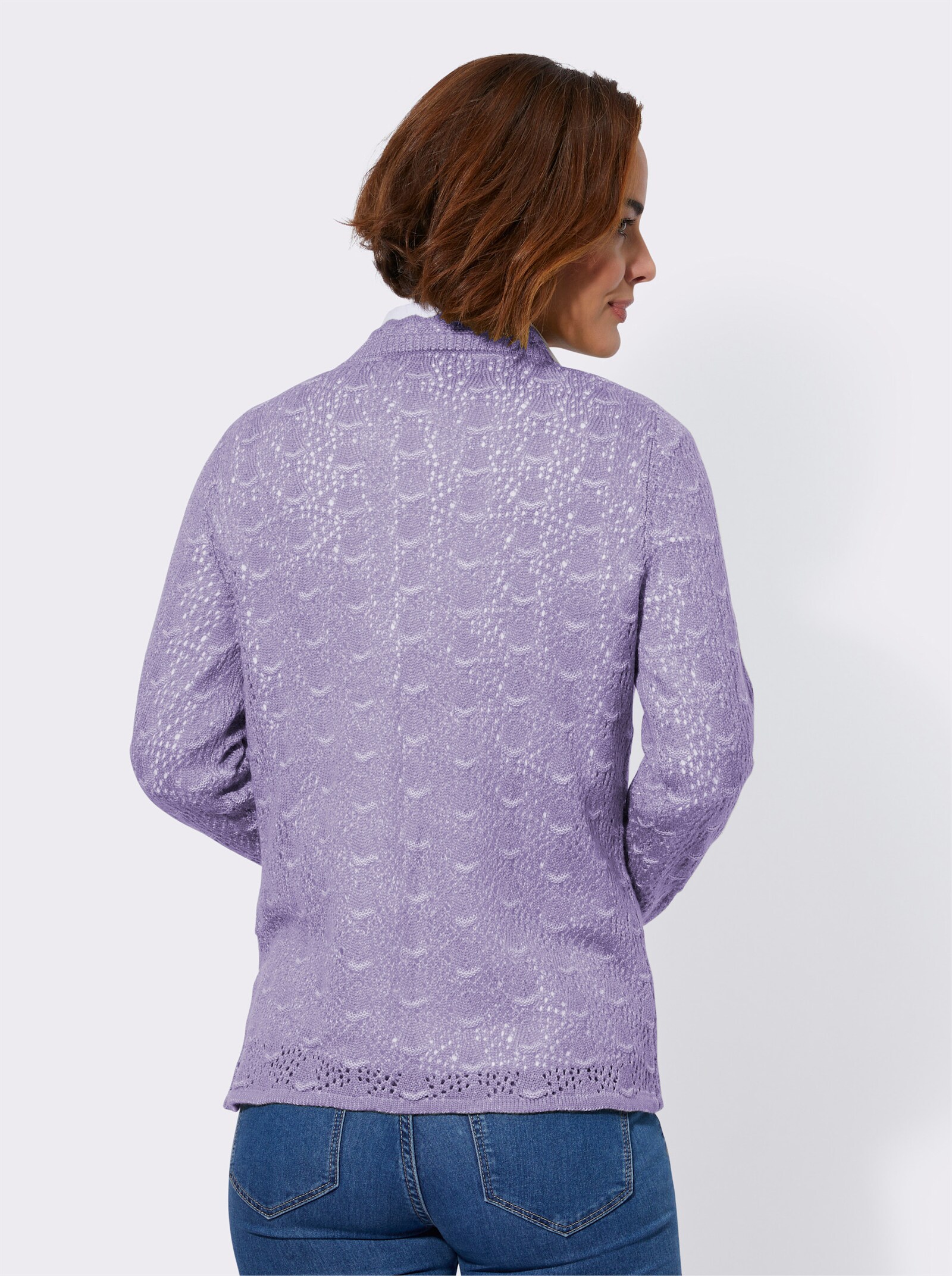  Ajourstrickjacke mit gebogten Abschlüssen - lavendel-meliert