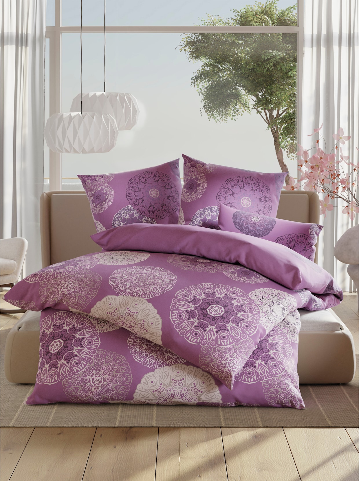 wäschepur Bettwäsche - violett-elfenbein-bedruckt