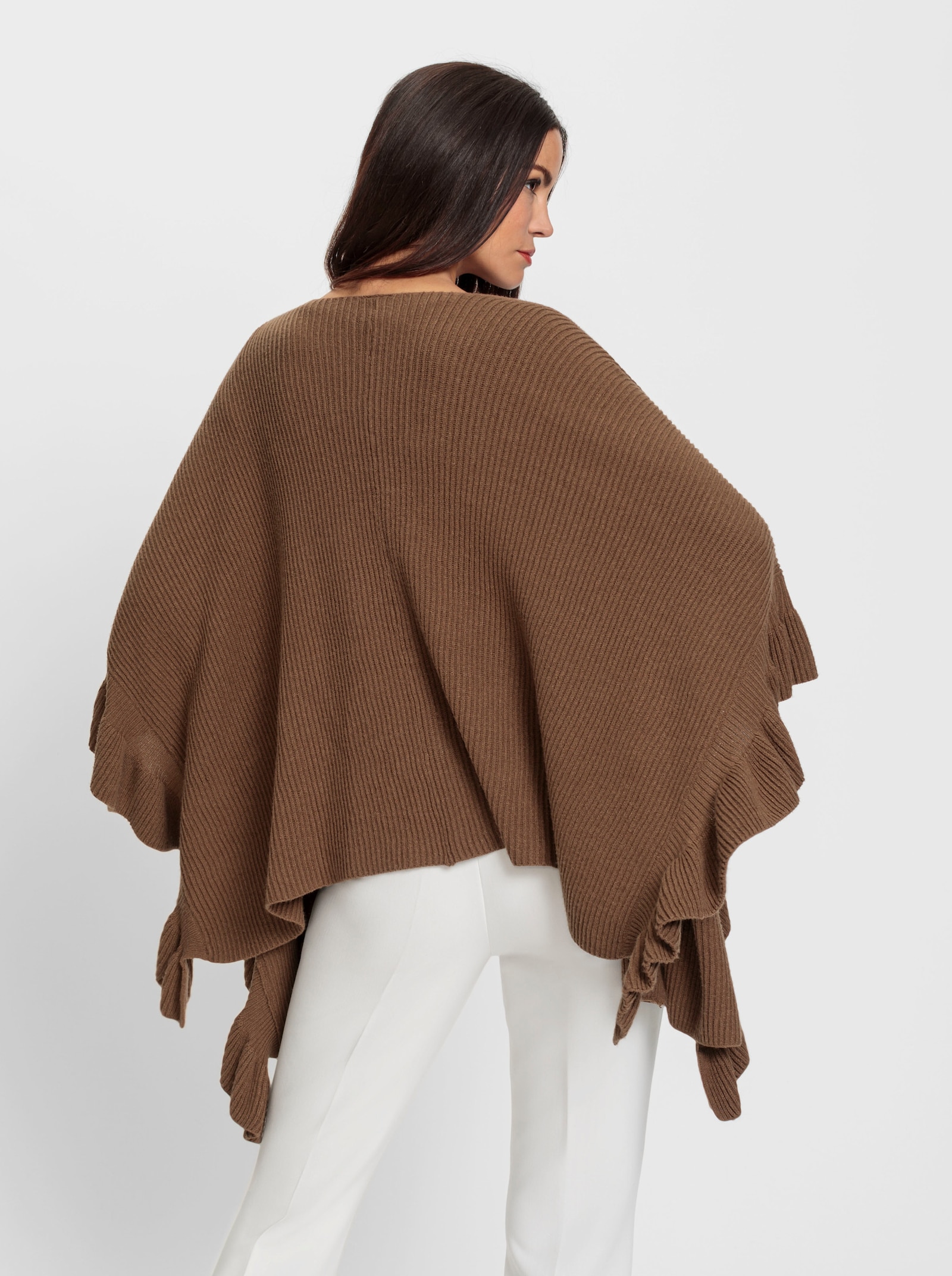 heine Gebreide poncho met volants - bruin
