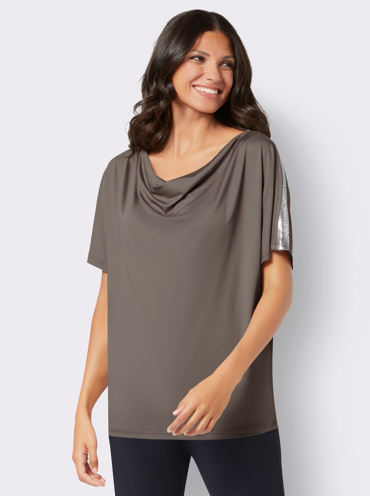 Shirt met cascadehals - taupe