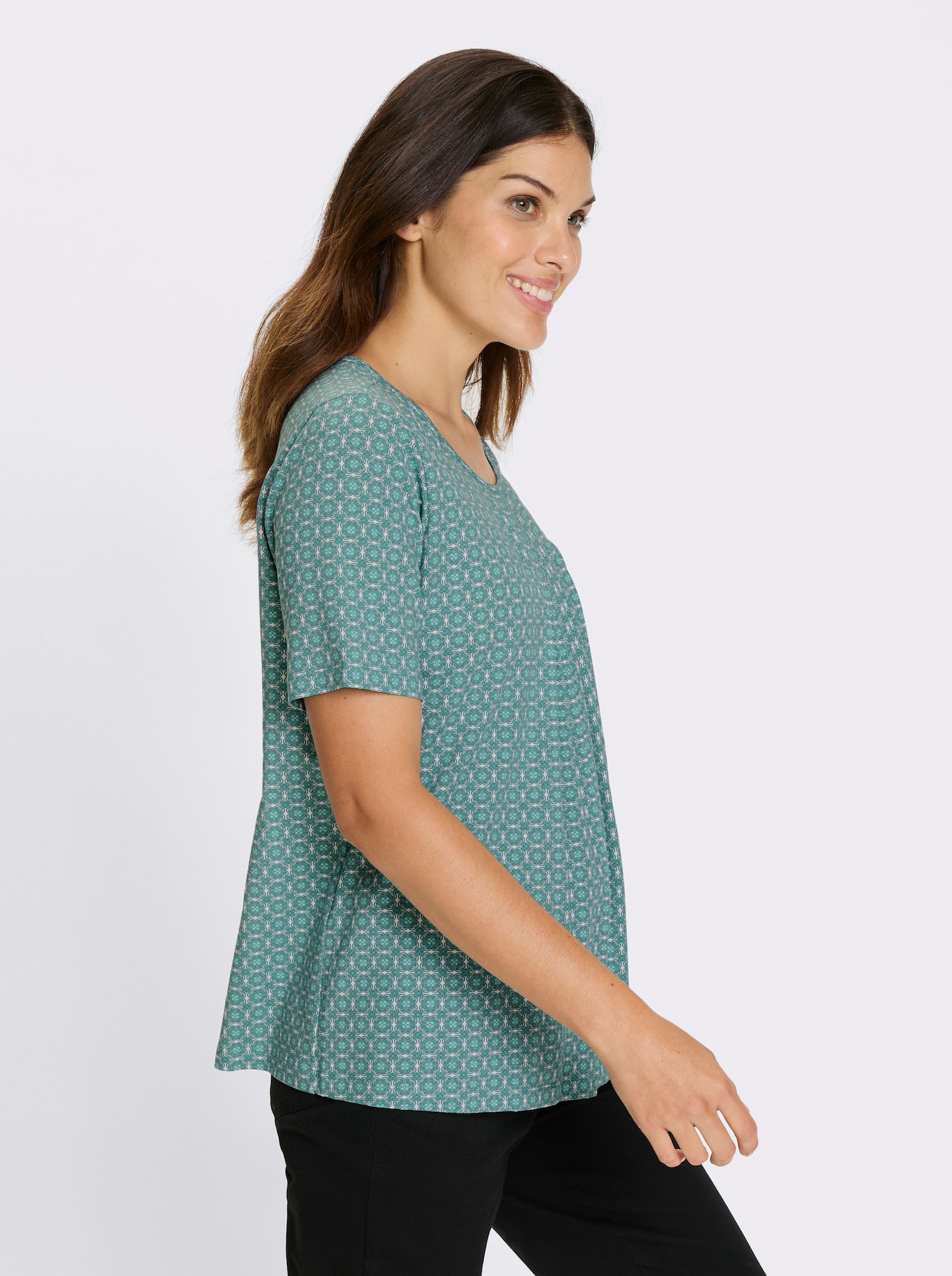 Shirt met korte mouwen en biezen - salie/wit bedrukt