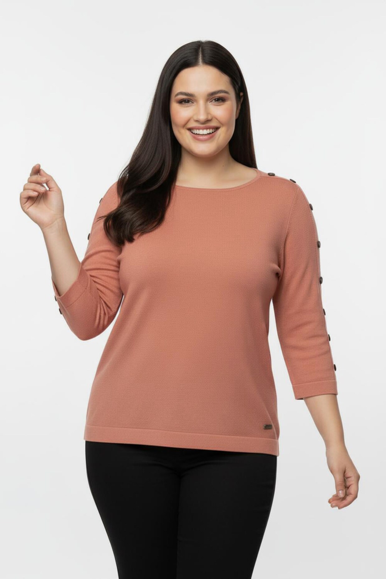 3/4 Arm-Pullover mit Zierknopf-Detail - papaya