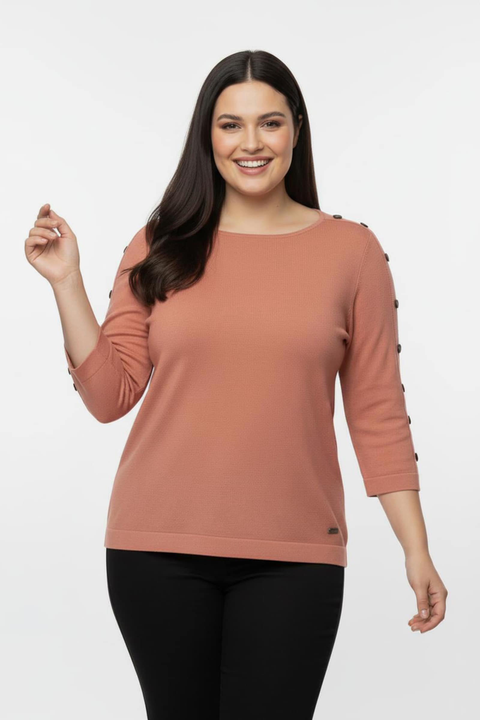 3/4 Arm-Pullover mit Zierknopf-Detail - papaya