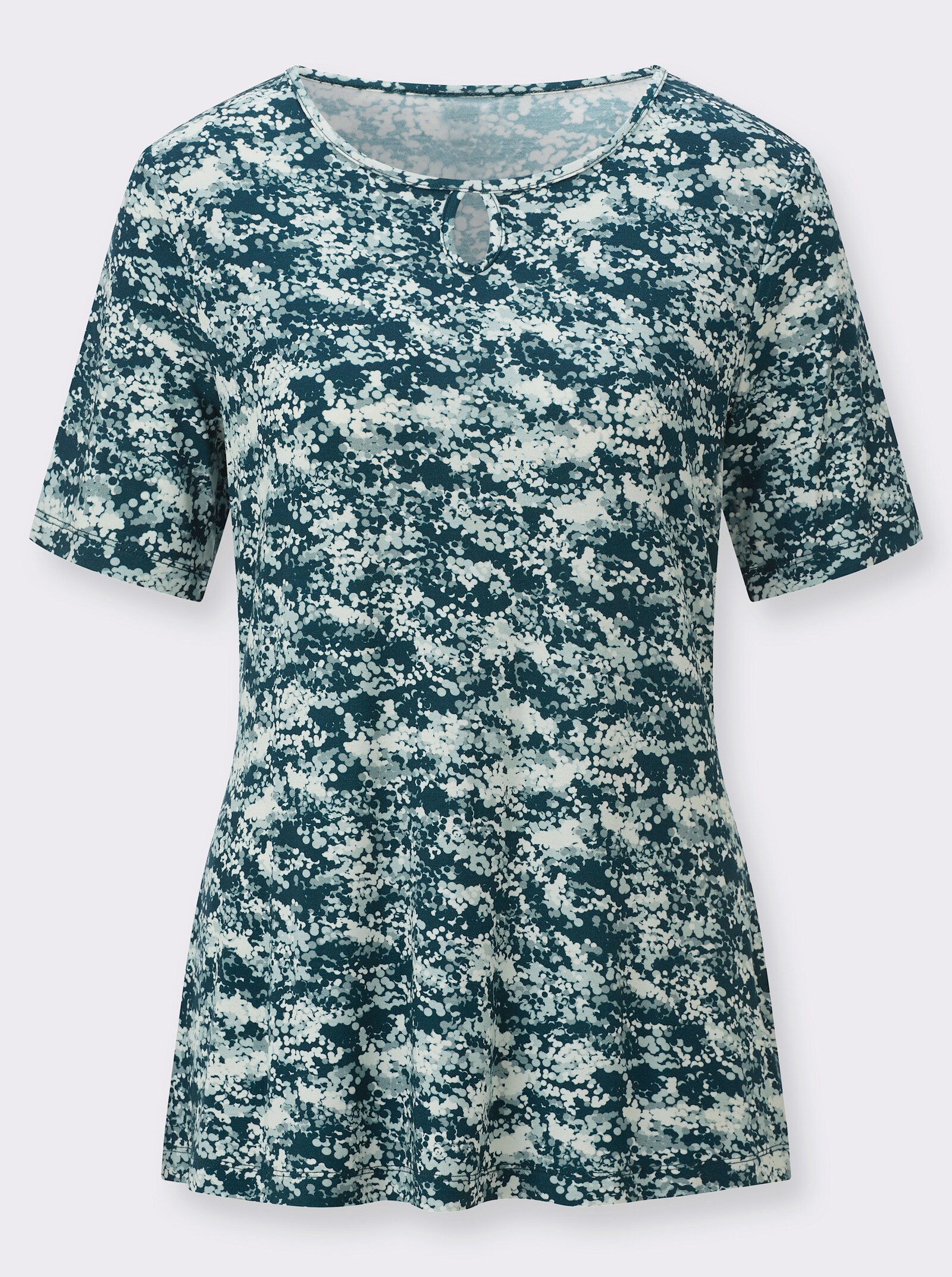 Kurzarmshirt mit Tropfen-Ausschnitt - kalkmint-aquapetrol-gemustert