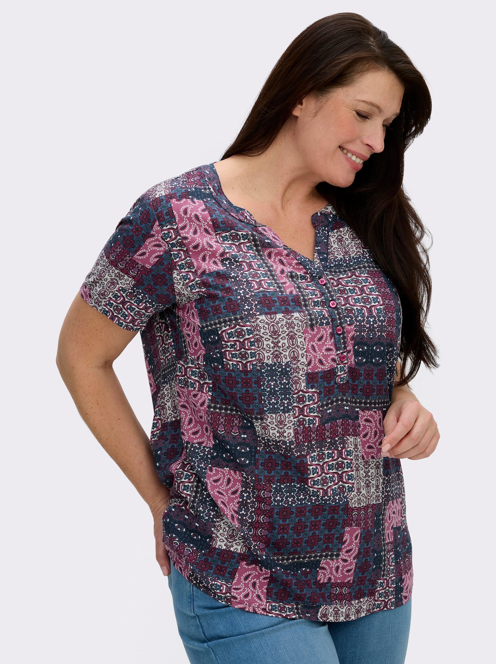 Kurzarmbluse mit Patchwork-Druck - erika-jeansblau-bedruckt