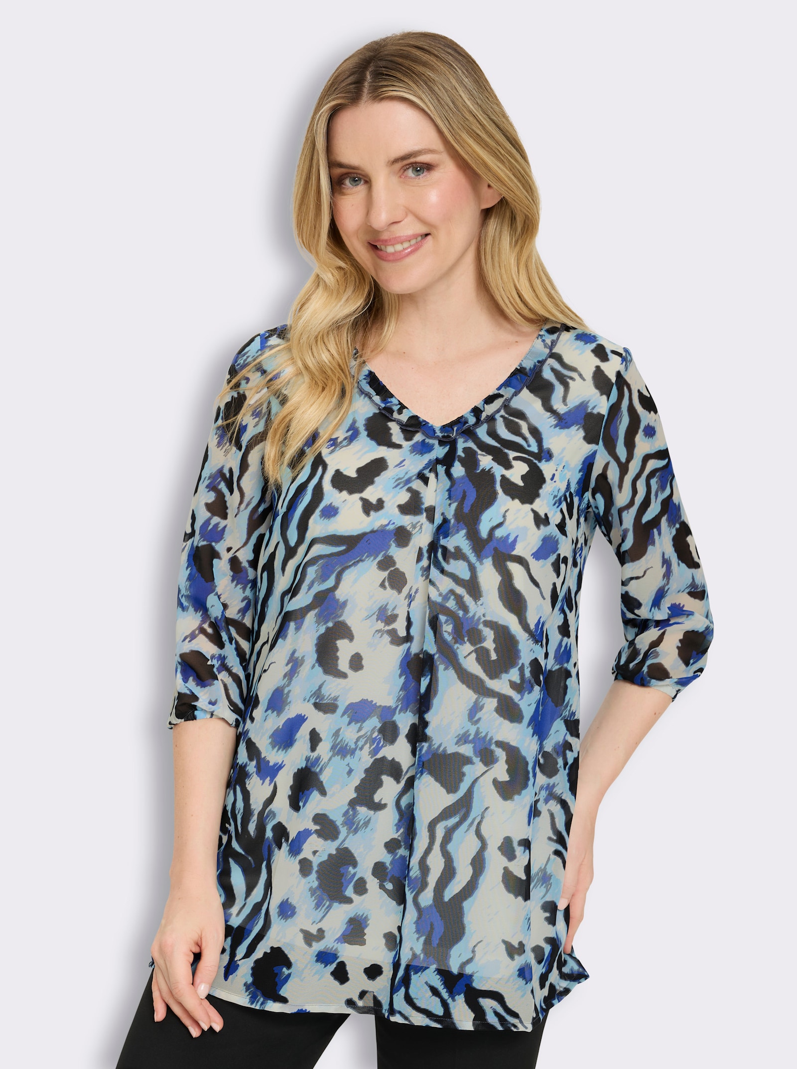 Longbluse im Animal-Dessin - champagner-royalblau-bedruckt