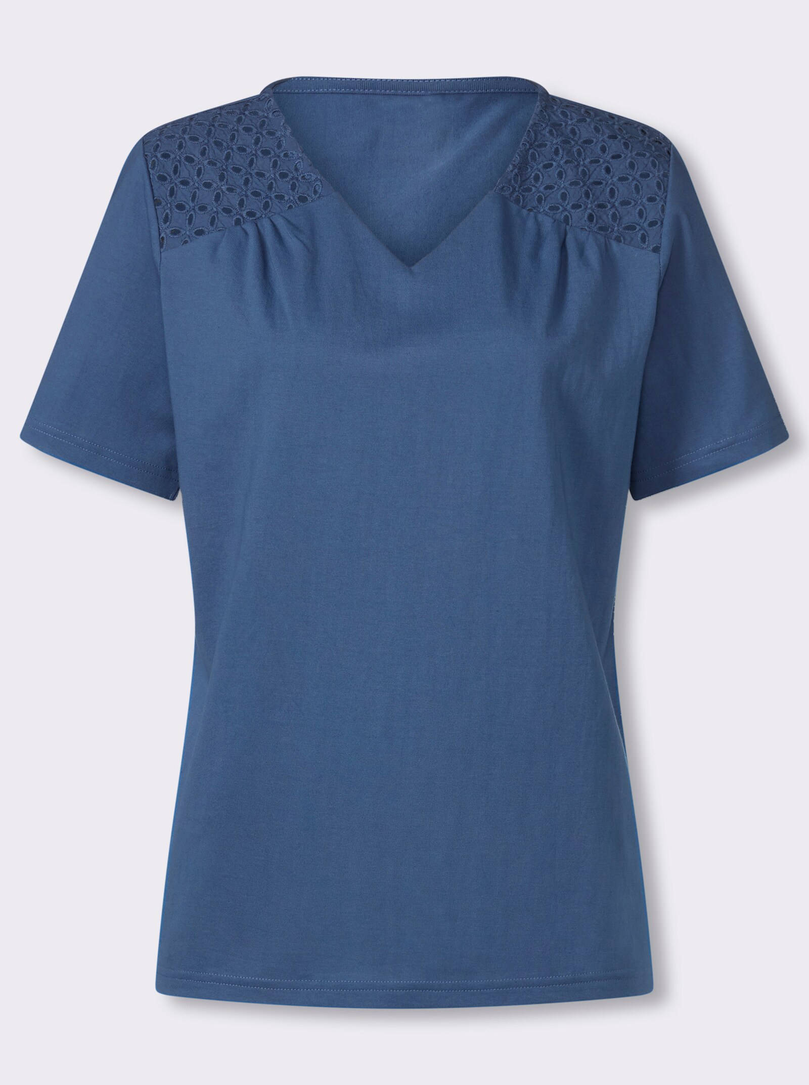 Kurzarmshirt mit Spitzendetails - jeansblau