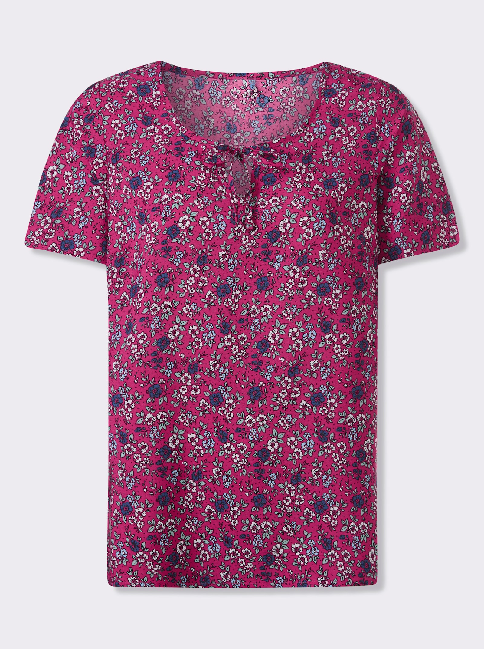 Schlupfbluse mit Millefleurs - fuchsia-jeansblau-bedruckt