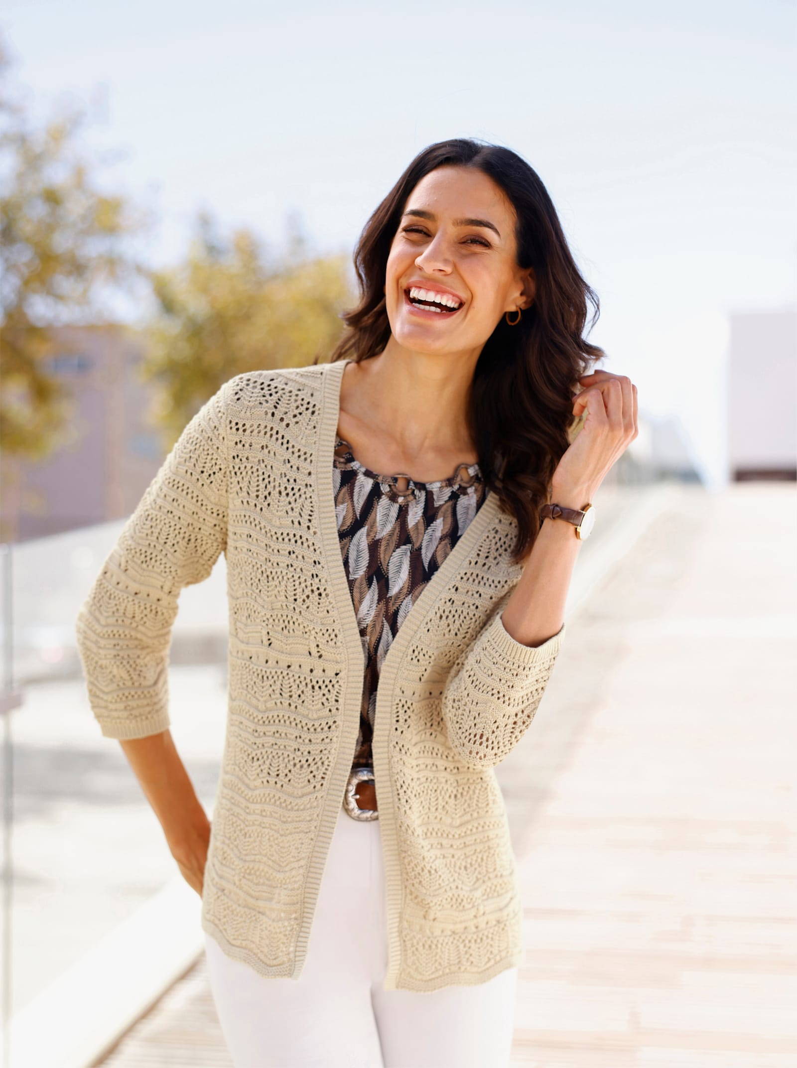 Ajourstrickjacke mit 3/4-langen Ärmeln - sand