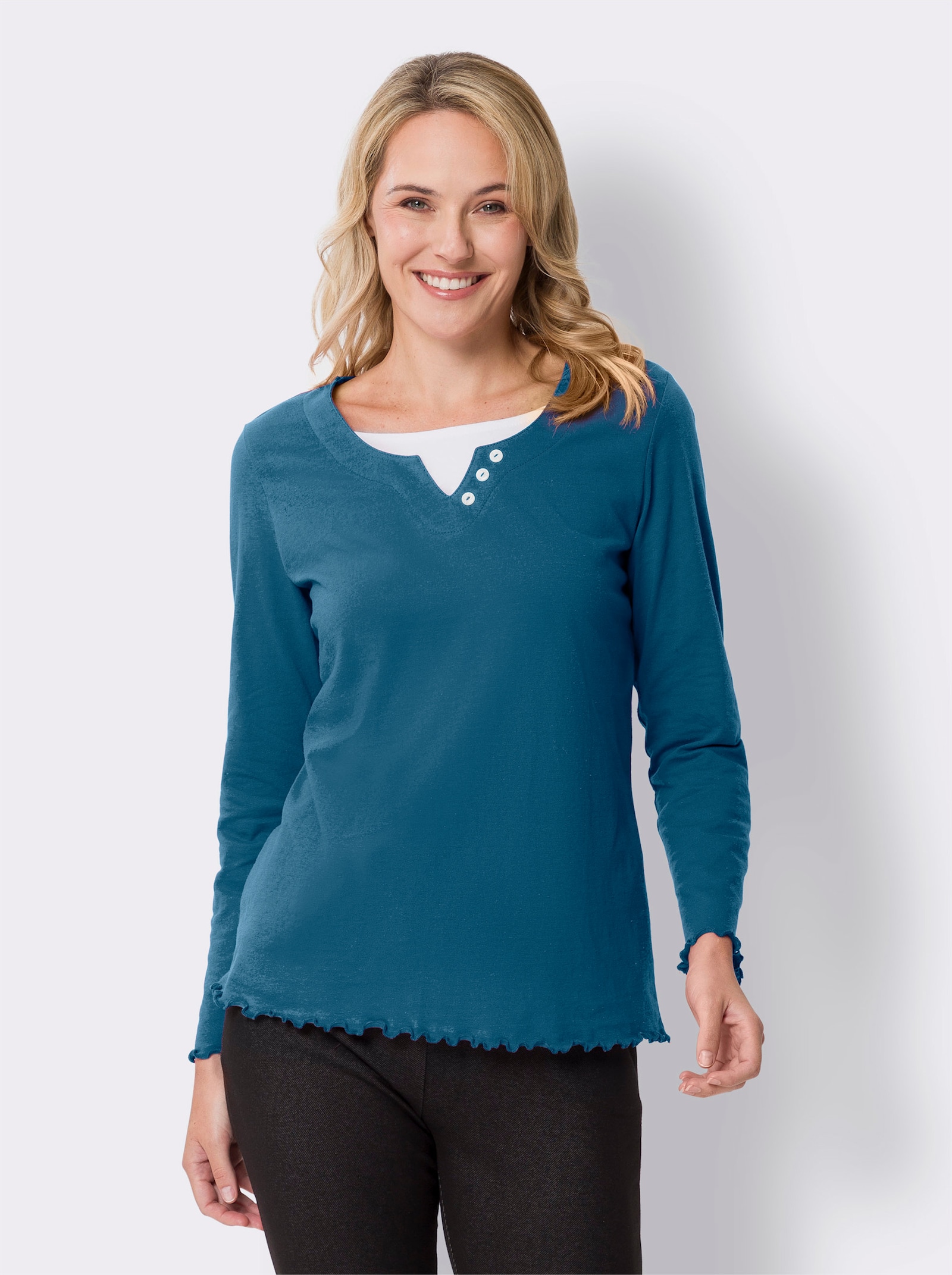 2-in-1-shirt met lange mouwen en golvende boorden - topaas/wit