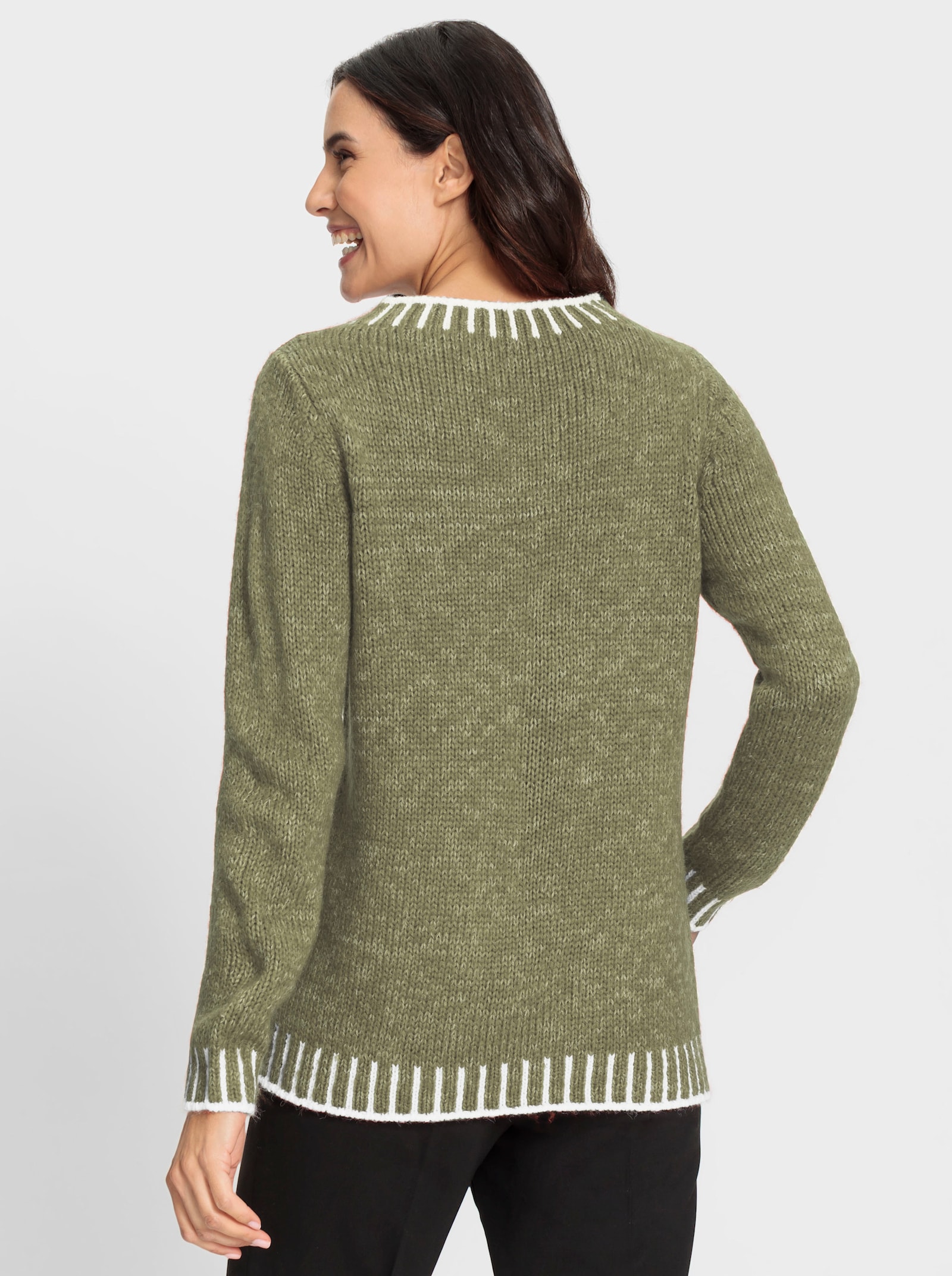 Pullover met lange mouwen en opvallende contrasten - rietgroen/ecru gedessineerd