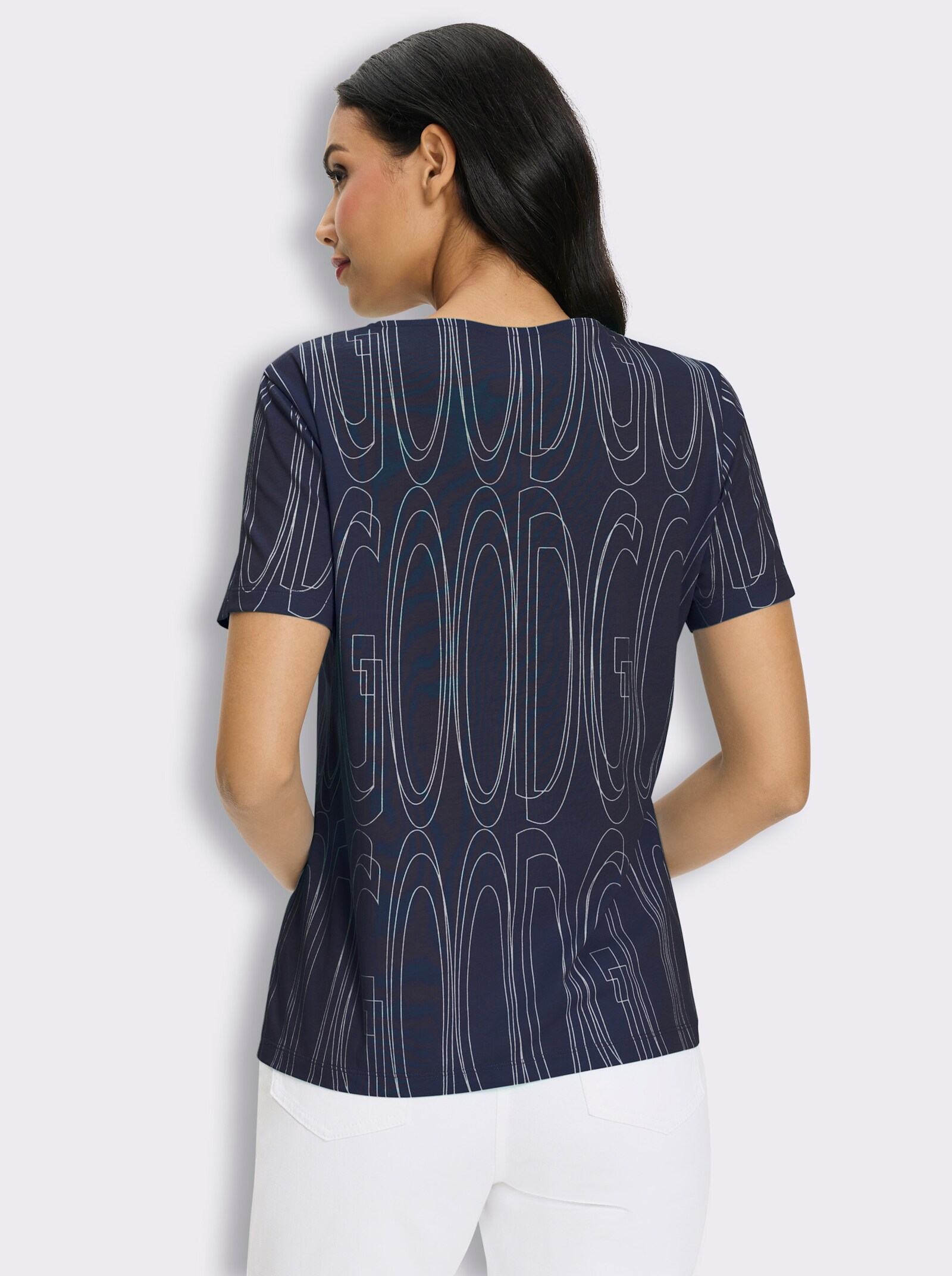 Kurzarmshirt mit Allover-Druck - marine-ecru-bedruckt