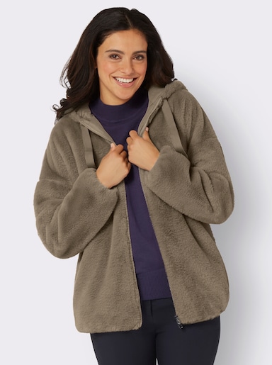 Fellimitatjacke mit Gummizug an Ärmeln und Saum - schlamm