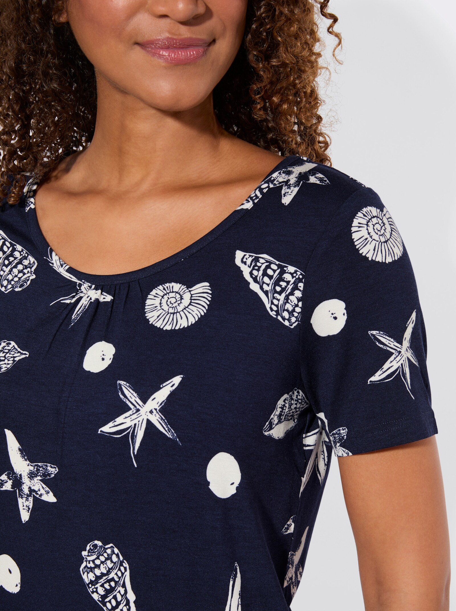 Kurzarmshirt mit Tunnelzug am Saum - marine-weiß-bedruckt