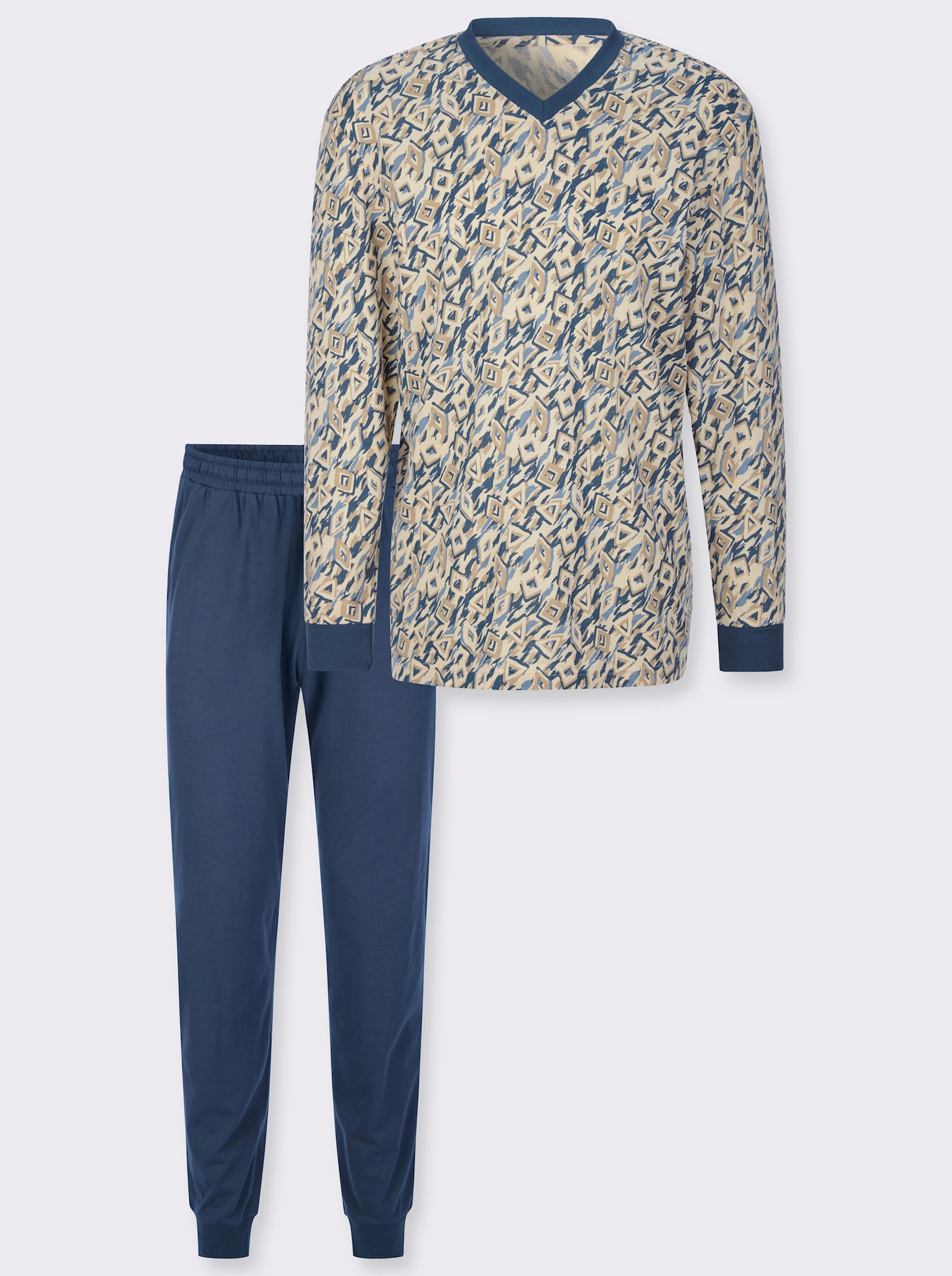 Pyjama met elastische ribboordjes - zand/jeansblauw bedrukt