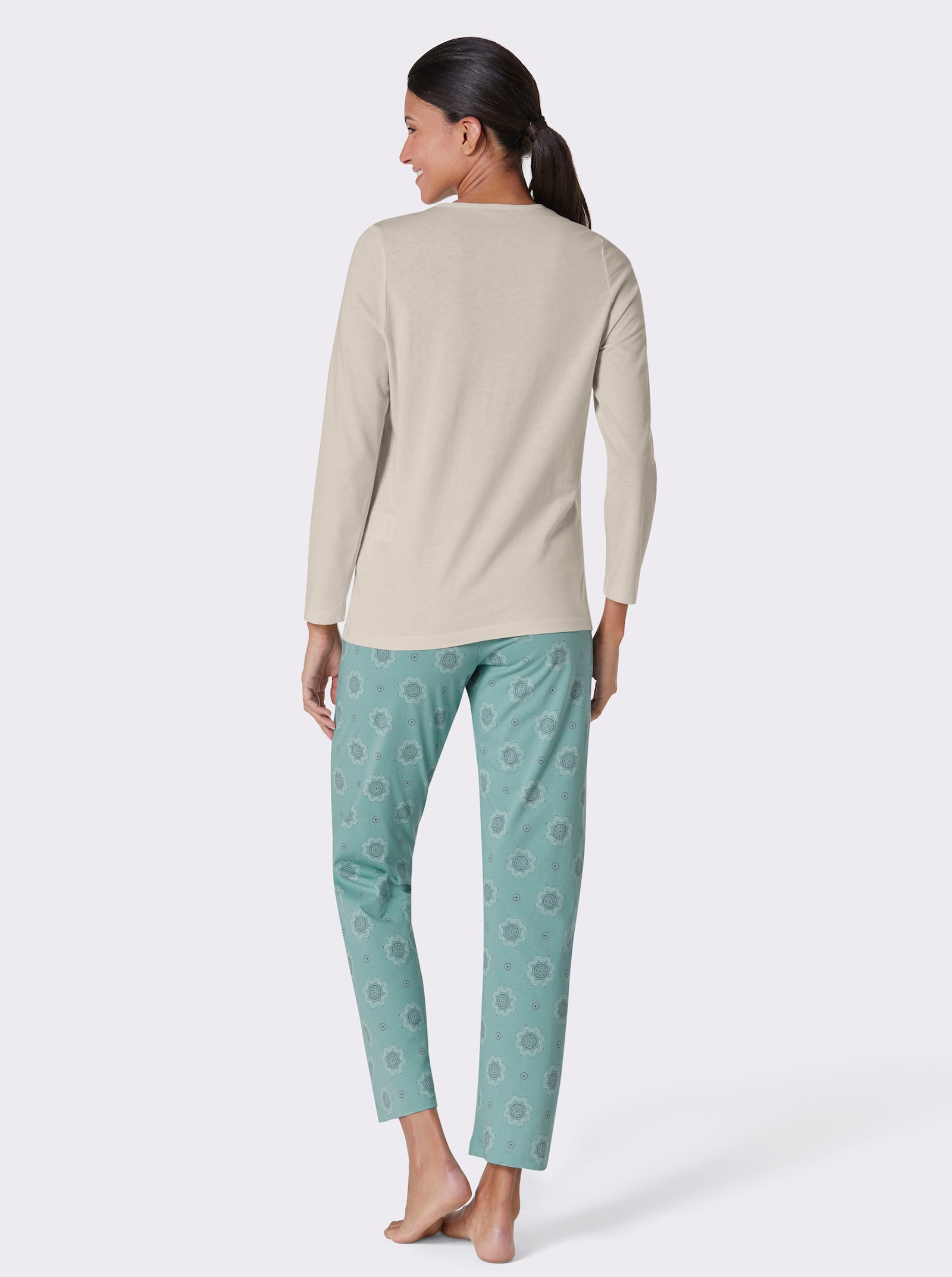 Comtessa Schlafanzug aus reiner Baumwolle - champagner-blaugrün-bedruckt