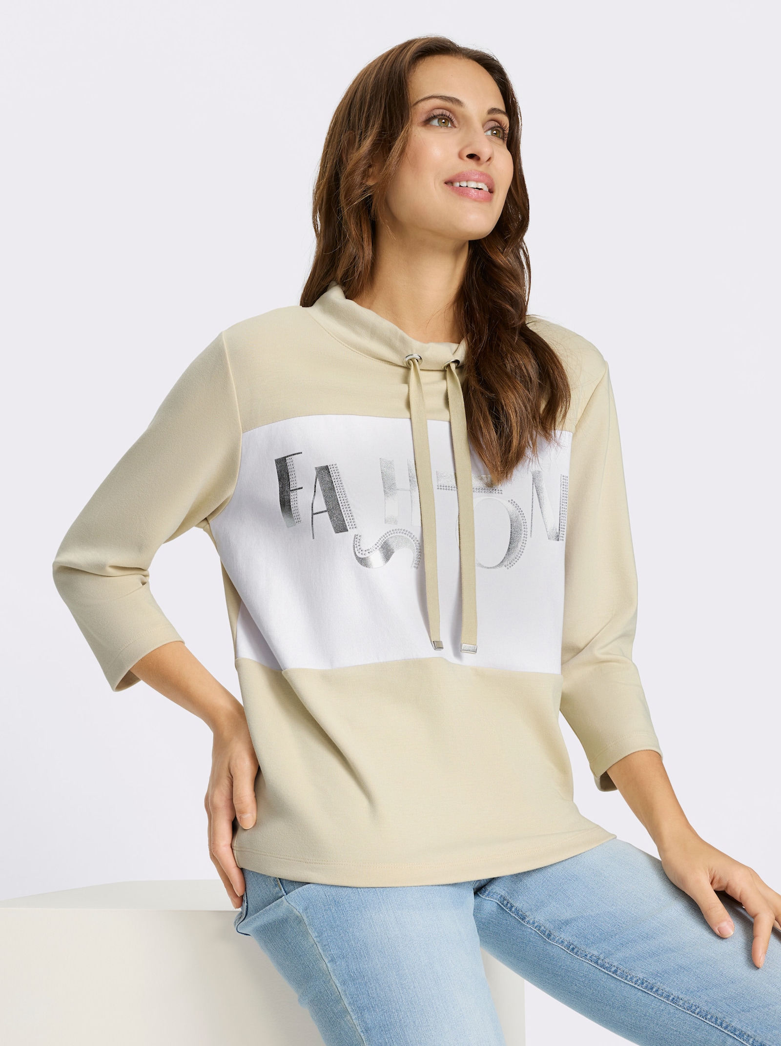 Sweatshirt mit Folienprint-Schriftzug - sand-weiß-geringelt