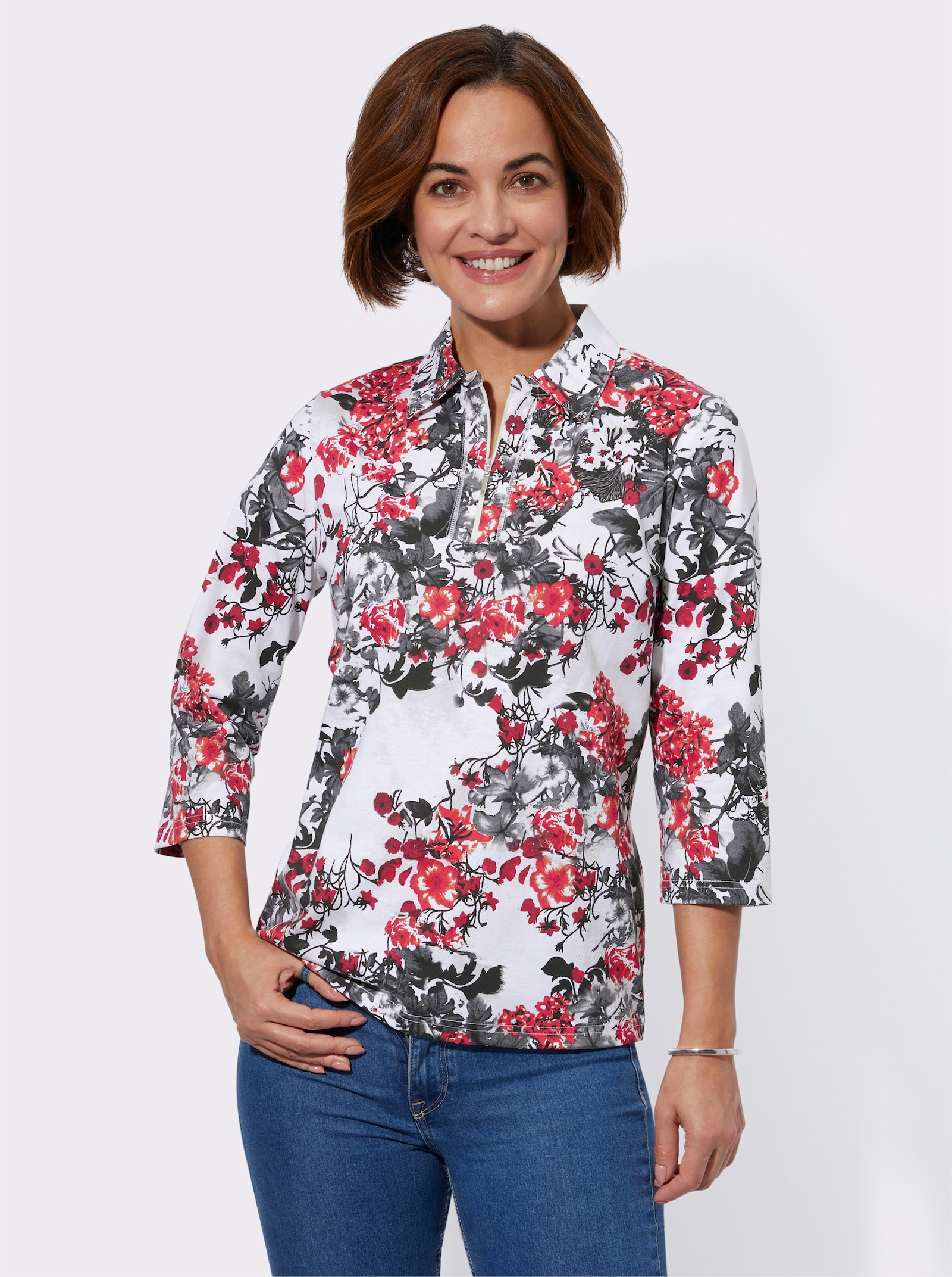 Poloshirt mit Glitzersteinchen - rot-grau-bedruckt