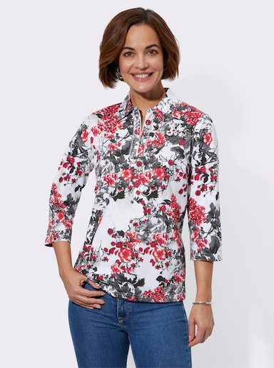 Poloshirt mit Glitzersteinchen - rot-grau-bedruckt