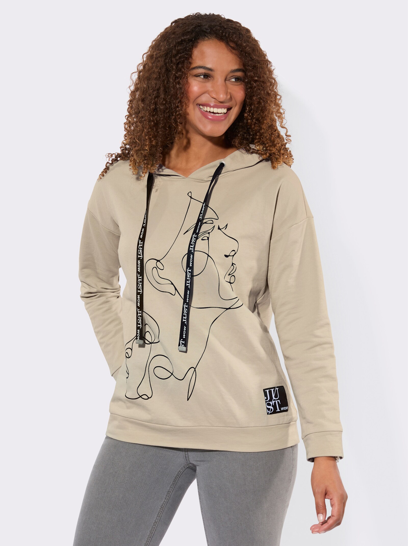 Kapuzensweatshirt mit Linien-Motiv - sand